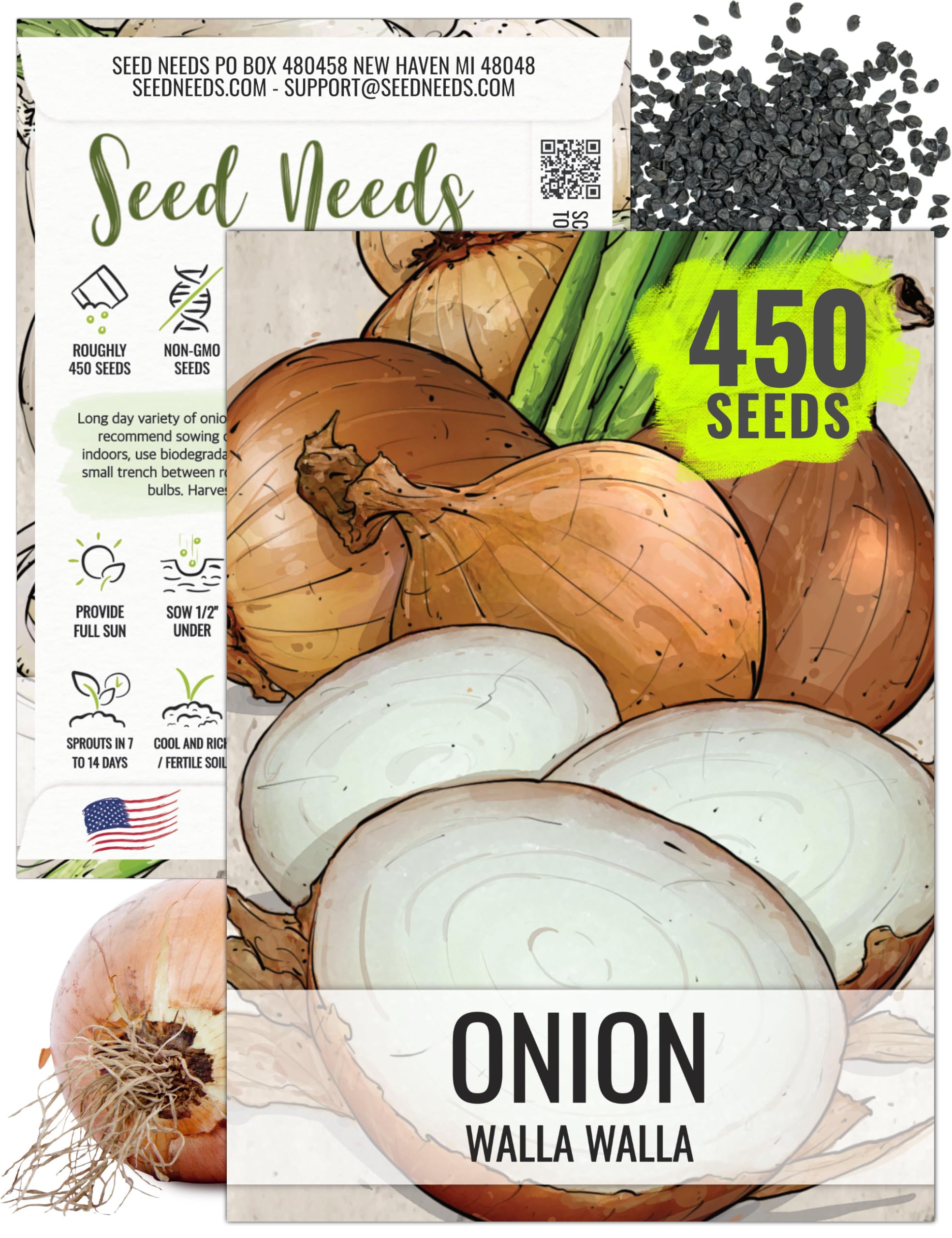 Seed Needs Onion Seeds for Planting Walla Walla Long Day Onions - Non-GMO Heirloom & Untreated Vegetable Seeds to Plant an Outdoor Home Grown Veggie Garden (1 Pack)