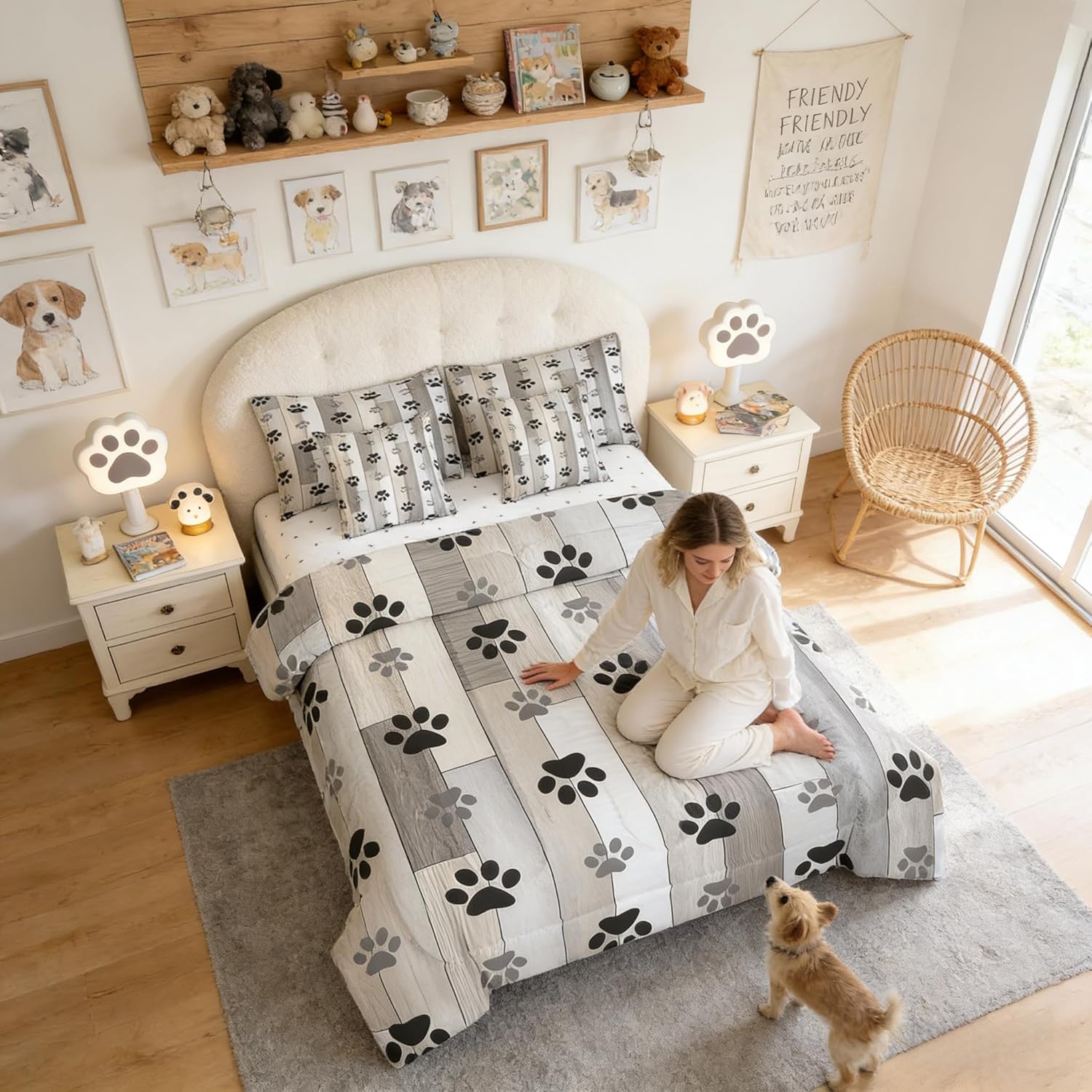 Homewish Rustic Farmhouse Kids 7 Pieces Comforter Set Queen Size,Dog Paw Print Cute Puppy Animal Reversible Quilt Set,Gray Beige Wooden Barn Board Bedding Set with Comforter,Sheet,Pillowcase