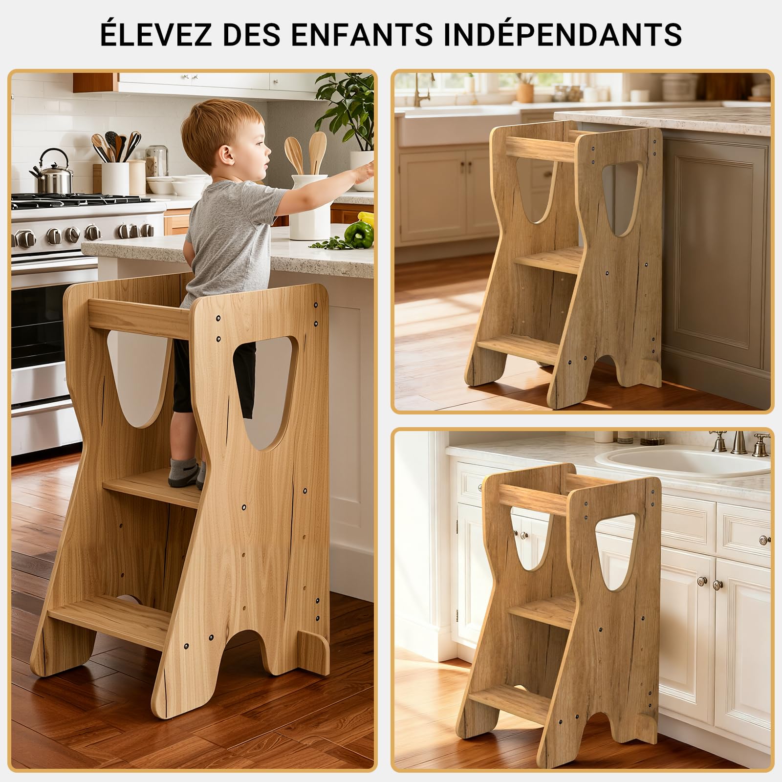 COSYLAND Tour d'Observation Montessori Réglable en Hauteur pour Enfants 18 Mois-6 Ans, Chaise d'Apprentissage en Bois Sécurisée, Design Stable Moderne