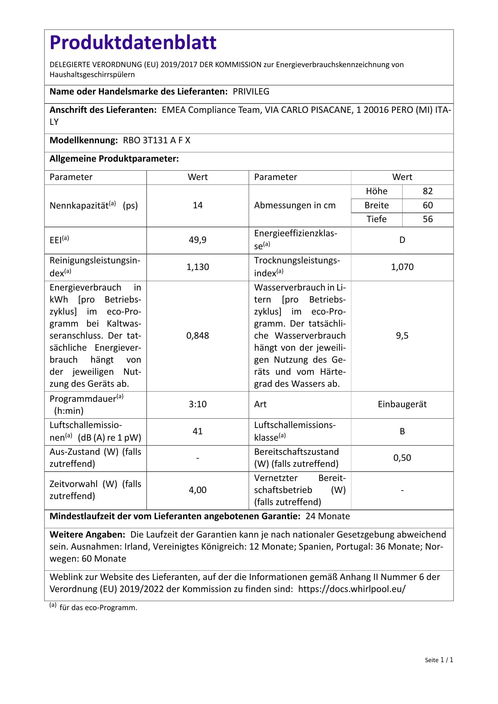 Privileg RBO 3T131 A F X Integrierbarer Geschirrspüler 60 cm 41 dB Fast&Clean 28' Auto Door Push&Go Intensivprogramm Startzeitvorwahl Vollwasserschutz