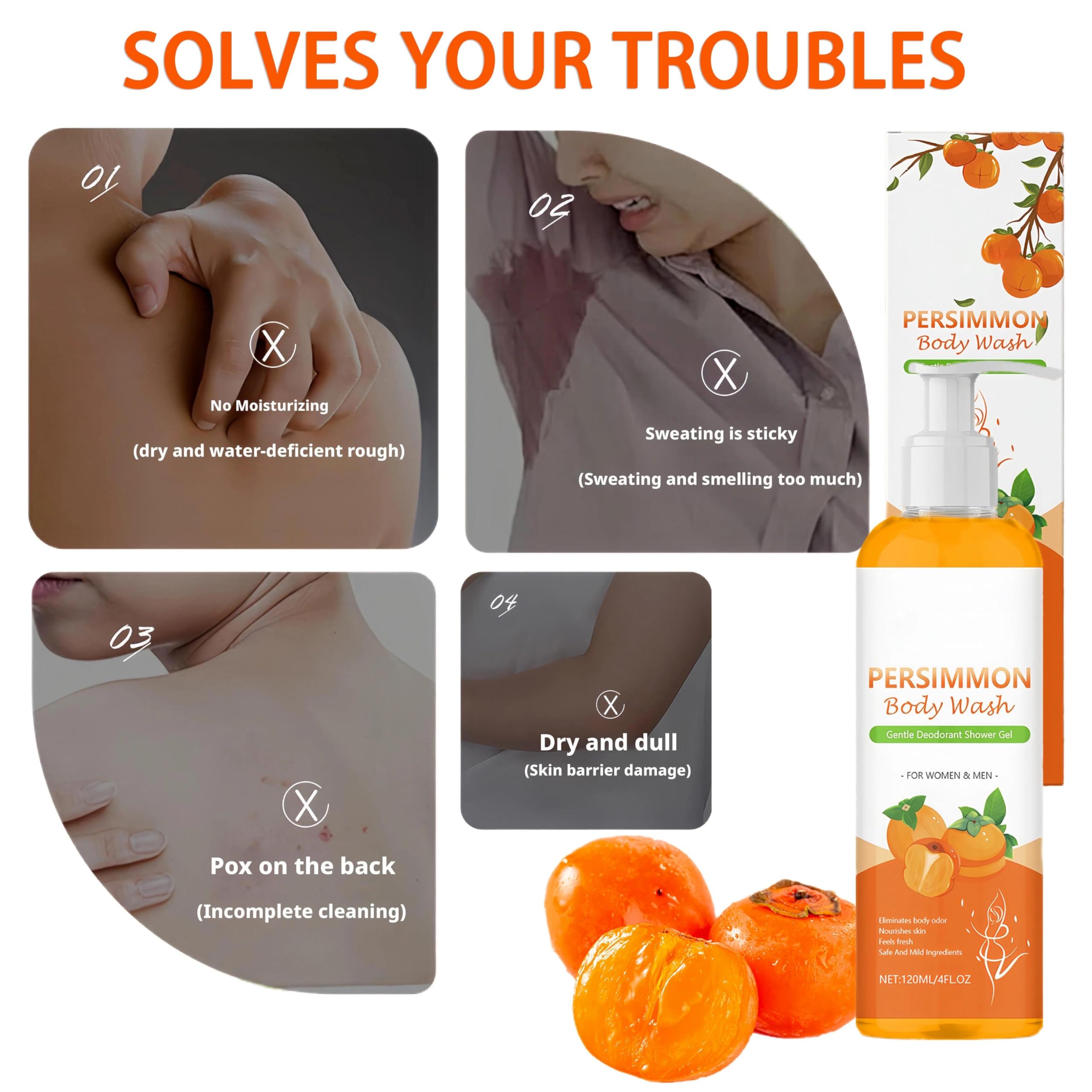 Persimmon Body Wash 120ml - For Body Odor Control - Shower Gel For Women With Coconut Oil - Persimmon Shower Gel, For Strong Odor Smell Remove - Deeply Cleansing & Moisturizing - Image 2