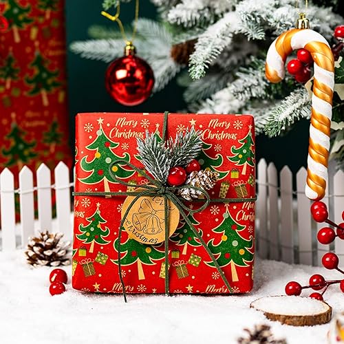 Miniatura 110 de Yarcony Papel kraft de regalo de Navidad, papel de regalo negro, árboles de Navidad de lujo, renos, copos de nieve, papel de estraza resistente