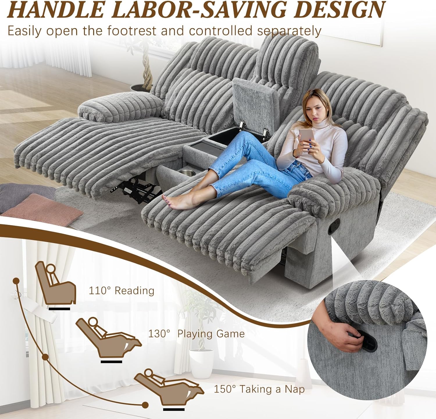 Oversized Reclining Loveseat with Hidden Cup Holders & Wireless Charger, Manual Double Recliner Sofa, Wall Hugger Loveseat Recliner with USB Ports for Living Room (Gray, Loveseat)
