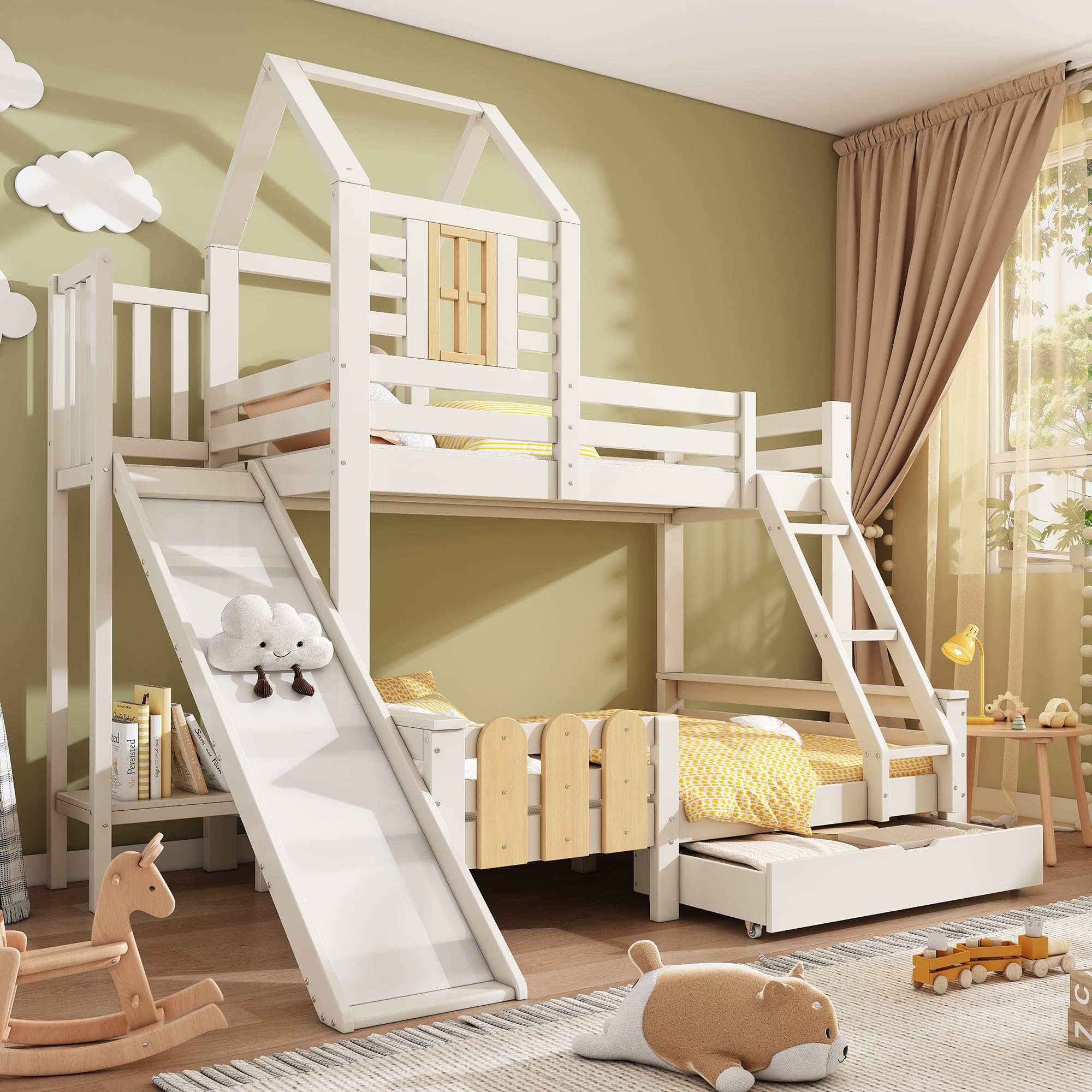 Kinderbett Etagenbett 90x200 & 140x200 mit Leiter & Rutsche, Weiß | Für Esszimmer Wohnzimmer, Hochbett Hausbett mit Bücherregal & Schubladen, Mit Lattenrost & Rausfallschutz, Ohne Matratze