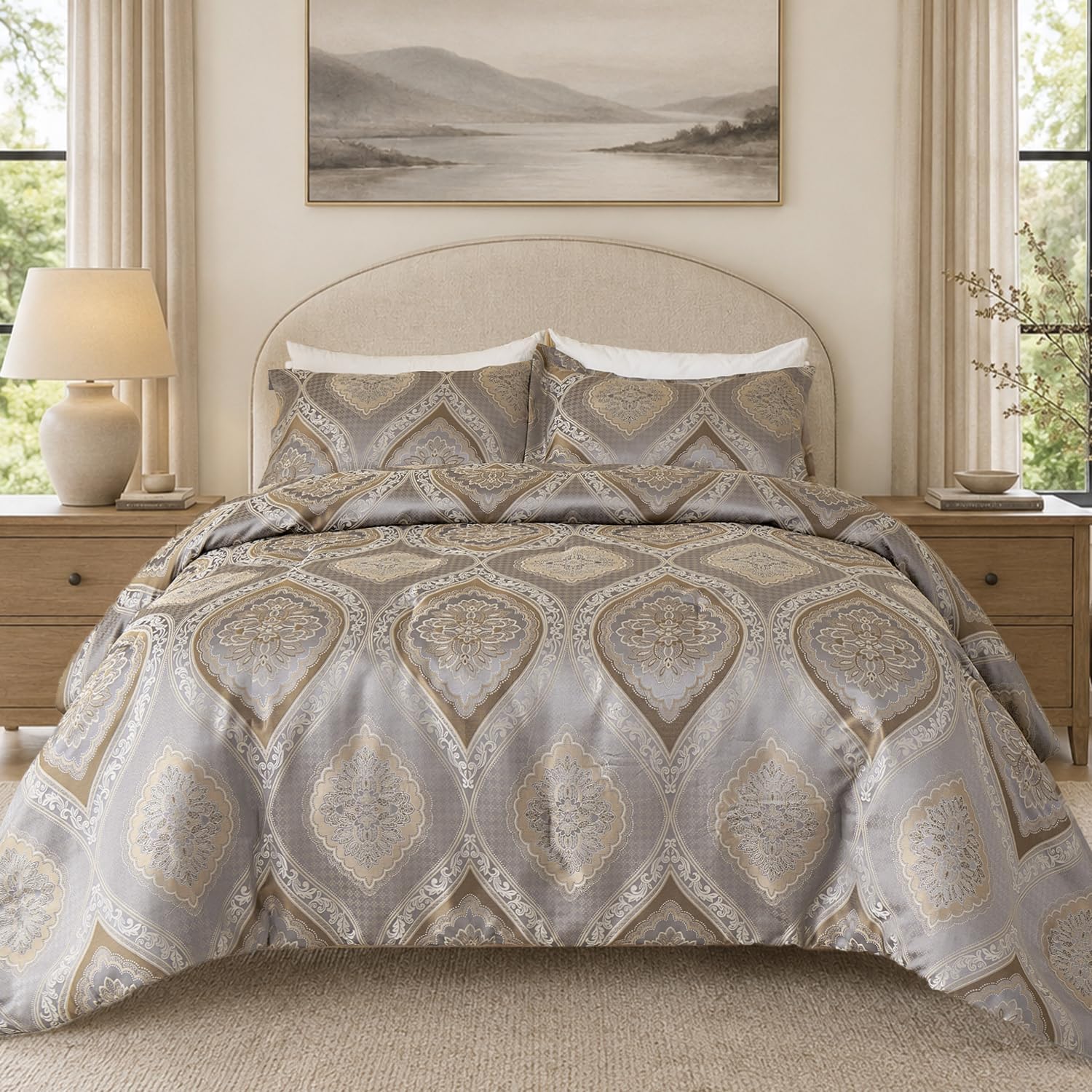 BOV King Comforter Set Gray Jacquard Damask, 3-Piece