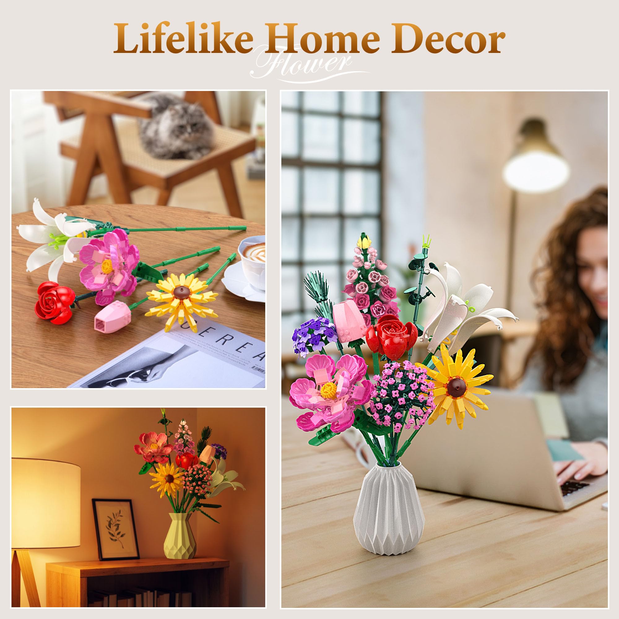 Kit de Construction Bouquet de Fleurs, 721 PCS 10 Flower Décoratives pour Bureau ou Maison, Cadeaux pour Noël Enfants 6+ Ans & Adultes, Fête des Mères, Saint-Valentin pour Homme ou Femme