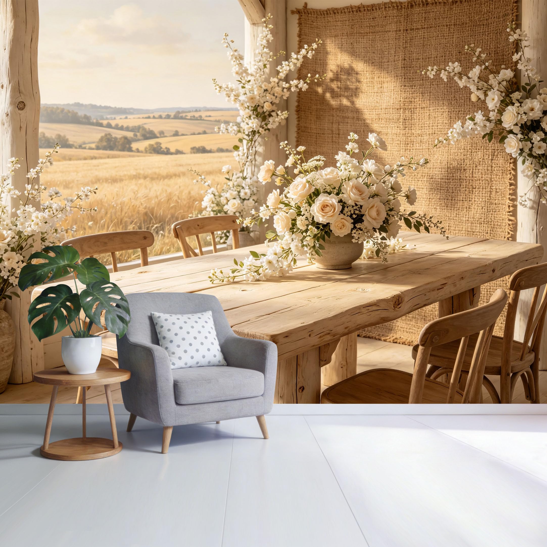 Custom Size Wall Mural Rustic Farmhouse Dining Table Floral Arrangement Wheat Field Landscape SelfAdhesive Wall Fabric Removable Wallpaper for Home Office Decor