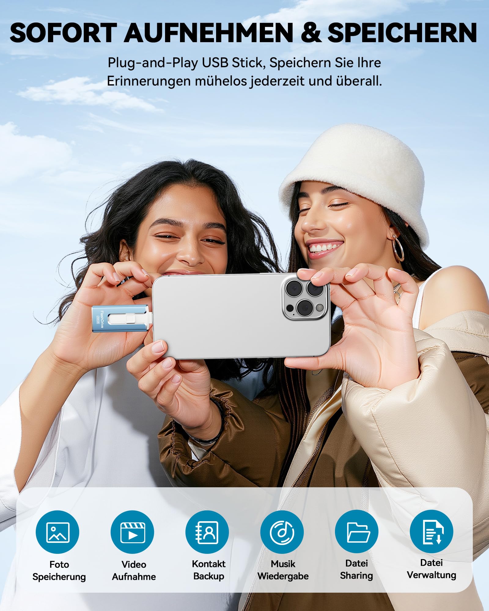 SUDEHO USB Stick 256 GB für iPhone, MFi-zertifizierter 4-in-1 Speicherstick für iPhone/iPad/Android/PC, Flash-Laufwerk mit Plug-and-Play Backup für Fotos & Videos, schnelle Übertragung, Aschblau