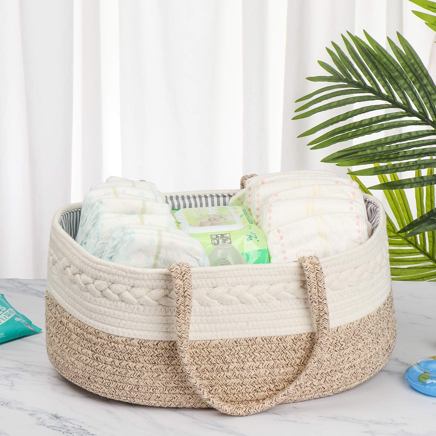 Baby Diaper Caddy Organizer -100% Cotton Baby Basket Bin with Removable Divider -Portable Tote Bag Storage Basket for Boy & Girl Nursery Organization (White & Yellow Variegated)