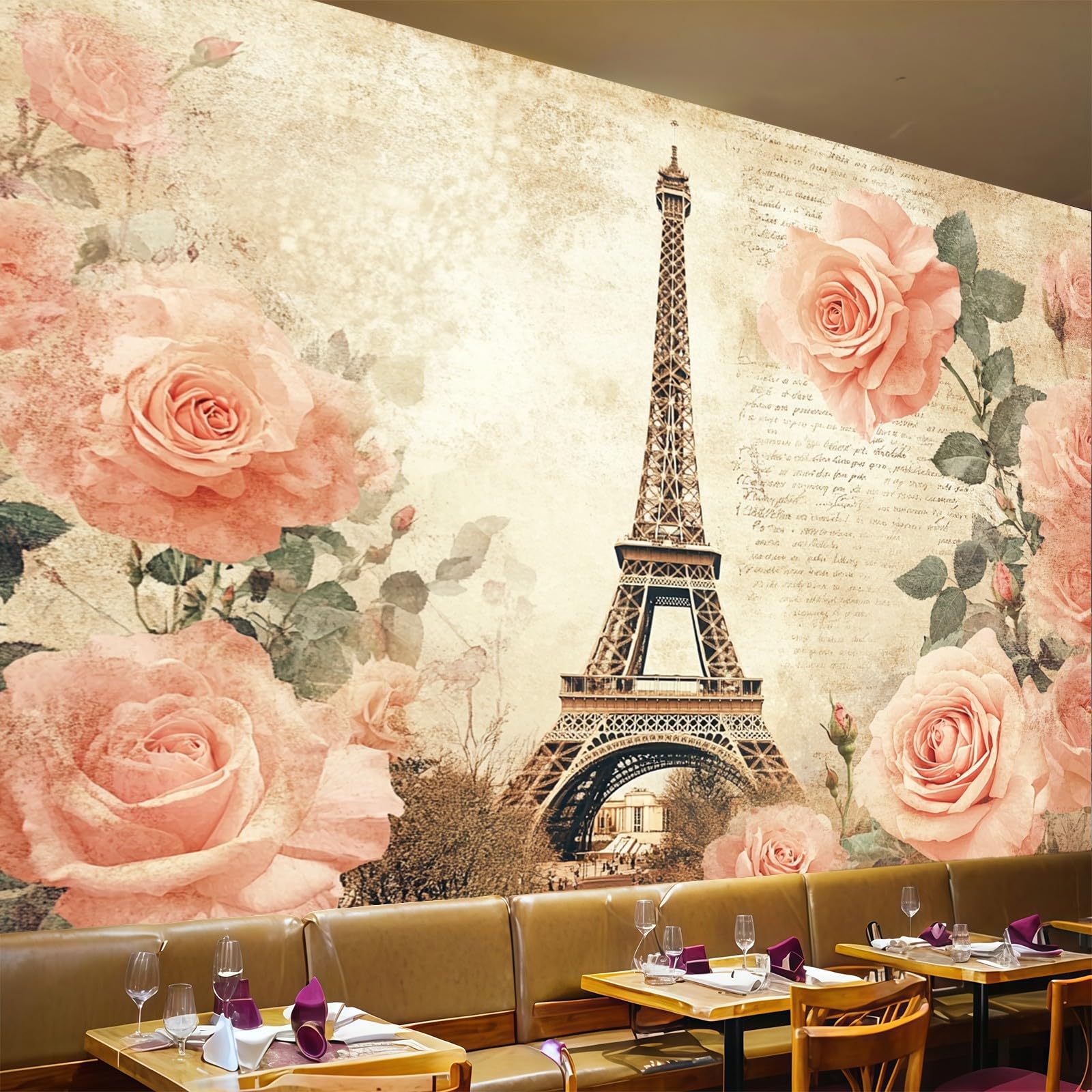 Papier Peint Tour Eiffel rose panoramique intissé 200 x 140 cm mural salon