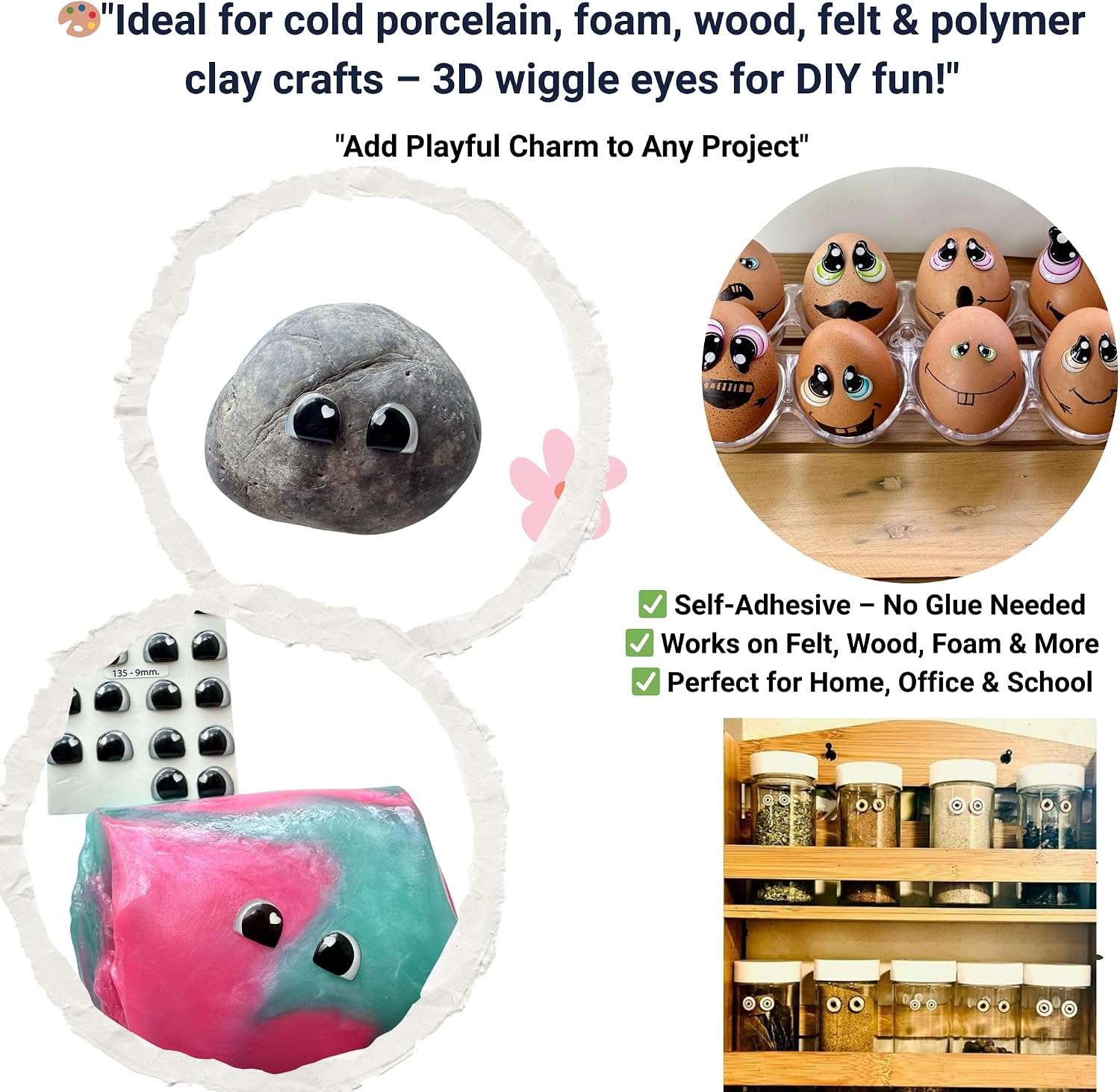 Black 3D Resin Doll Eyes with Heart Highlight – 9mm Self Adhesive Craft Eyes (24 pcs / 12 Pairs) for Amigurumi, Crochet Dolls, Polymer Clay & DIY Crafts 135 9mm