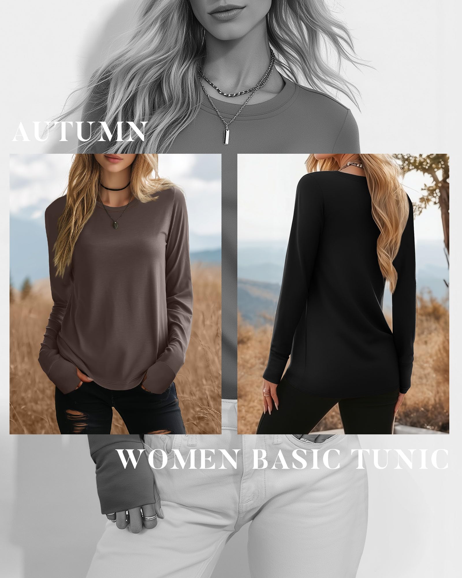 Neer Lot de 4 chemises à manches longues avec trous pour les pouces, col rond, hauts amples en coton mélangé, t-shirts d'automne décontractés Y2k