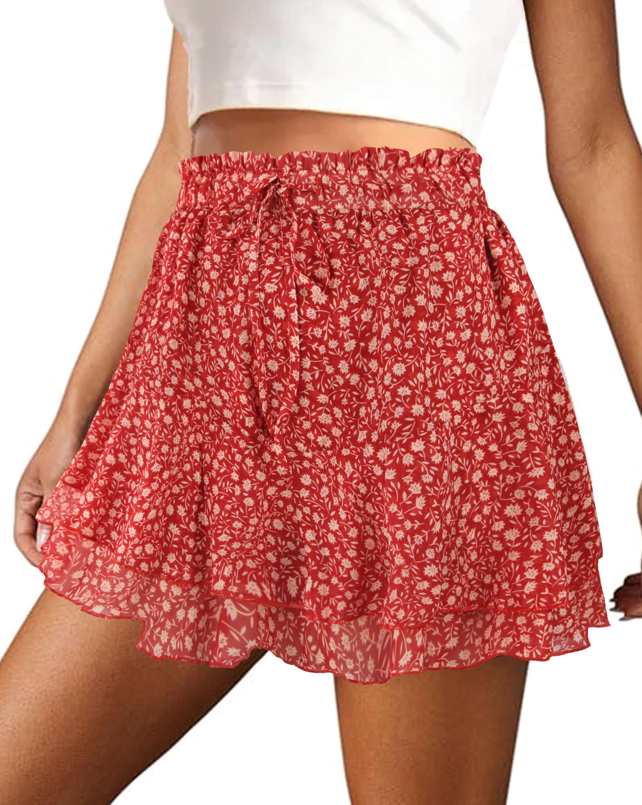 COOUFE Mini Skirts for Women 2026 Casual Boho Floral Skorts Layered Hem A-Line Tennis Chiffon Shorts