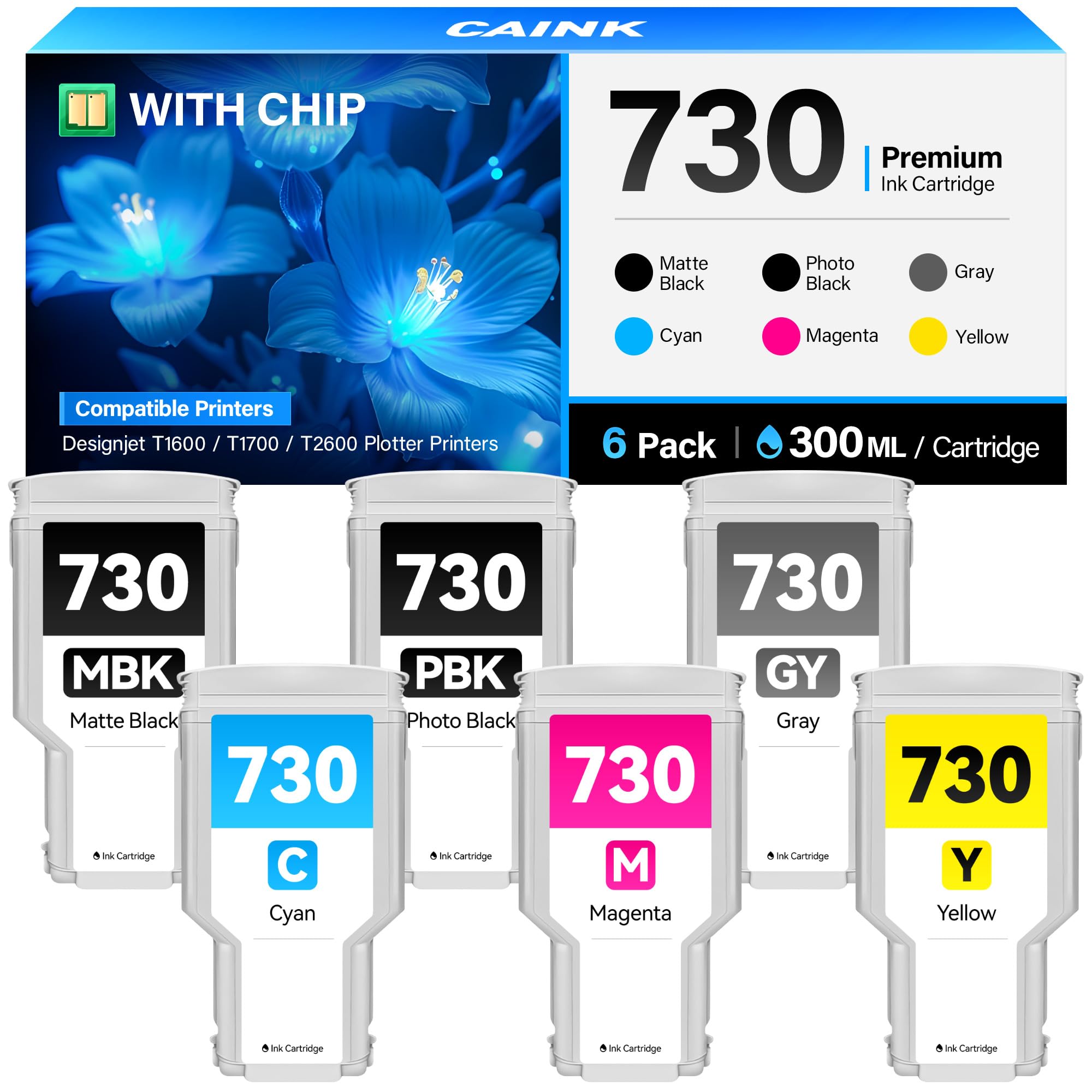 730 Ink Cartridge 300-ml Kit 6-Pack High Capacity P2V68A P2V69A P2V70A P2V71A P2V72A P2V73A Replacement for HP 730 730XL Ink Cartridge Compatible for DesignJet T1700 T2600 T1600 Series Plotter Printer