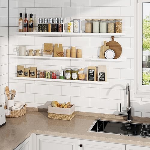 Miniatura 4 de RICHFOCUS Juego de 2 estantes flotantes de 55 pulgadas, estantes de pared de madera con labio, almacenamiento de decoración de pared para