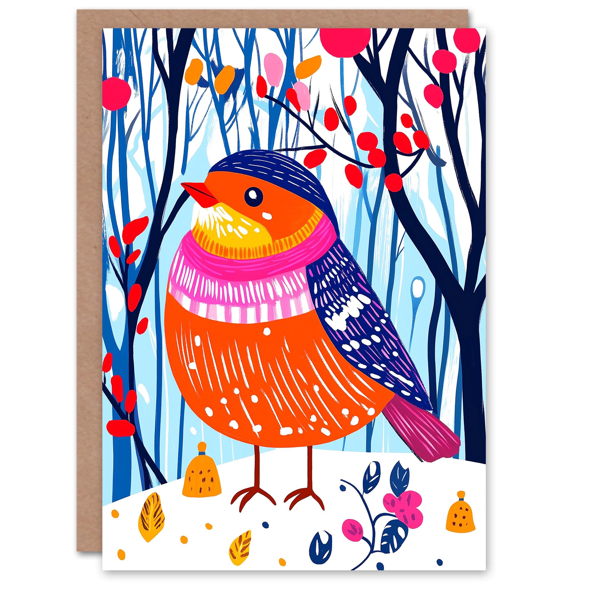 Wee Blue Coo Greeting Card Cute Robin Bird Winter Hat Forest Snow Folk Art Blank For Him Or Her Art Xmas Christmas Card