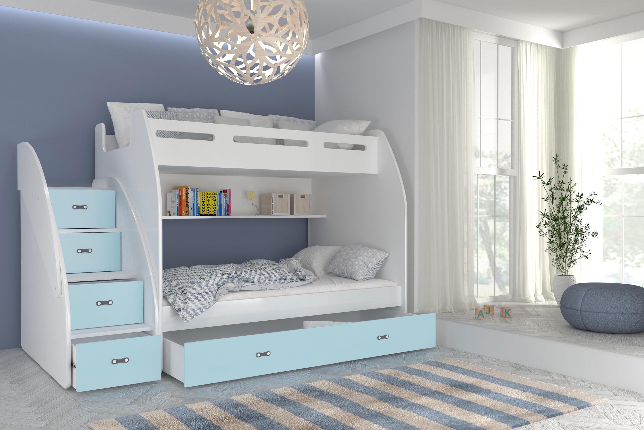 AJKmeble - Letto a castello 90 x 200 cm/120 x 200 cm, con scala e letto estraibile (disponibile nei colori bianco, blu, verde, rosa o grigio, per ragazzi e ragazze, letto per ragazzi e ragazze,