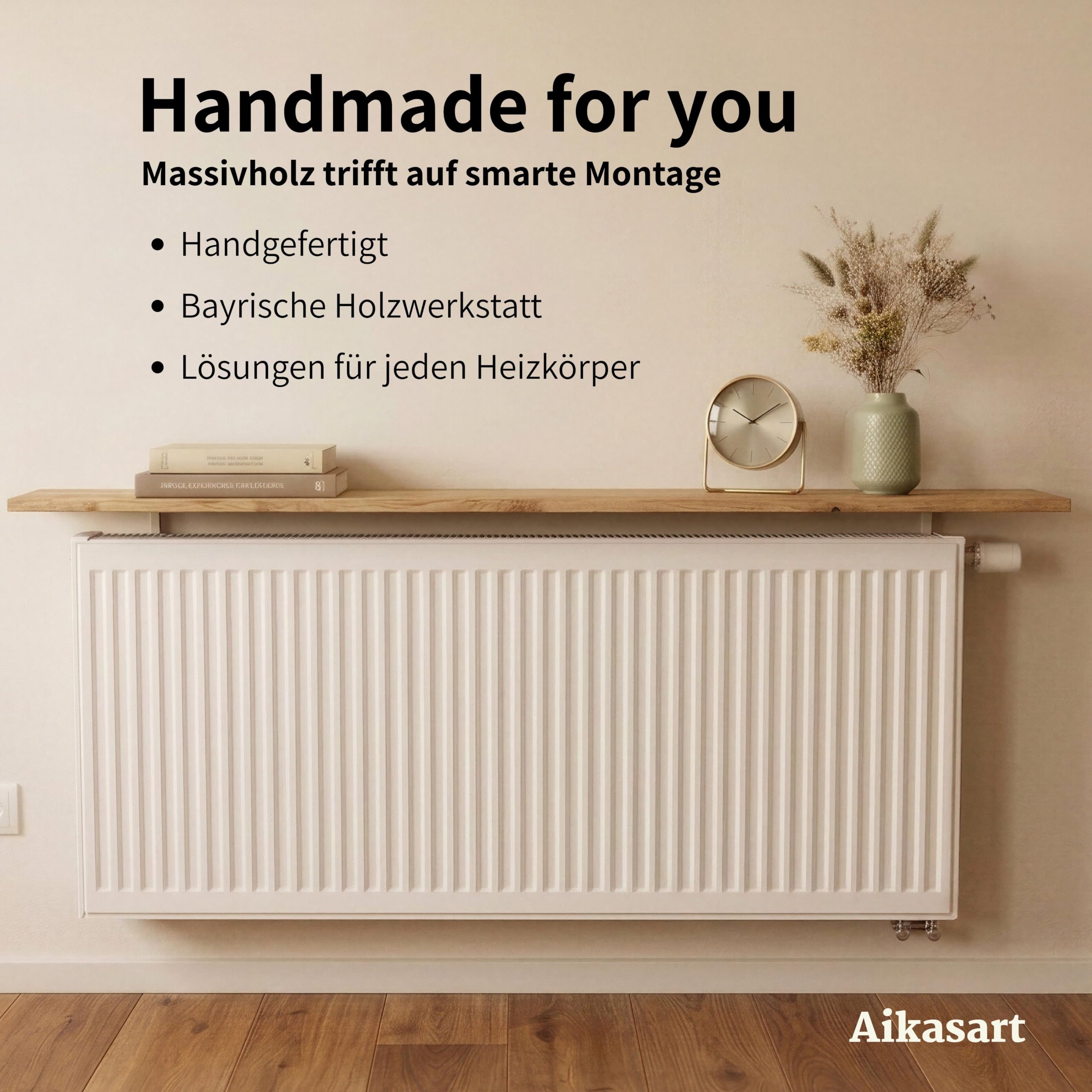 Heizungsregal Eiche Massiv – Ohne Bohren – Individuelle Länge 30-190 cm – Zum Aufstecken – Handgefertigte Ablage für Heizkörperverkleidung (Steckklemme für Plattenheizkörper, 80x20 cm)