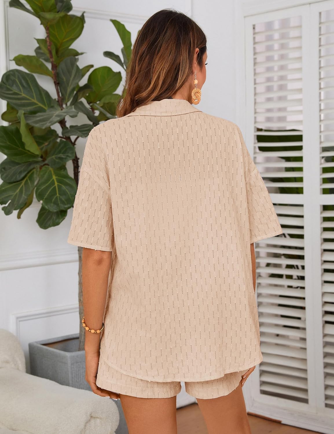 Blooming Jelly Womens 2 Piece Linen Sets Botton Down Shirt Drawstring Shorts Summer Beach Vacation Outfits Lounge Set(M,Khaki) - Image 3