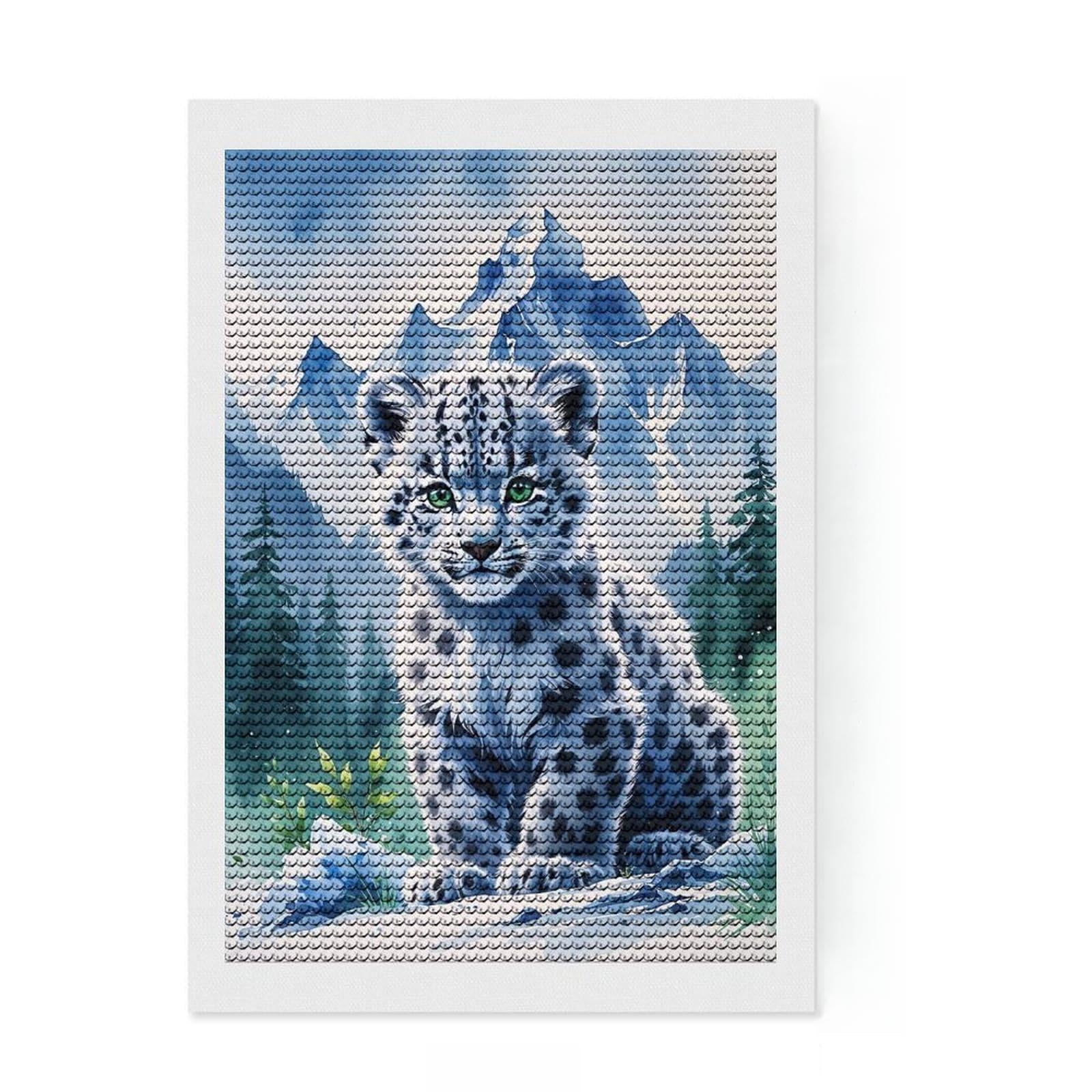 Junmoney Cute Snow Leopard Cub in Mountains Watercolor Diamond Painting Canvas Set 8"x12", Relaxing DIY Hobby, Living Room Decor, for Teens, Holiday Gift Idea