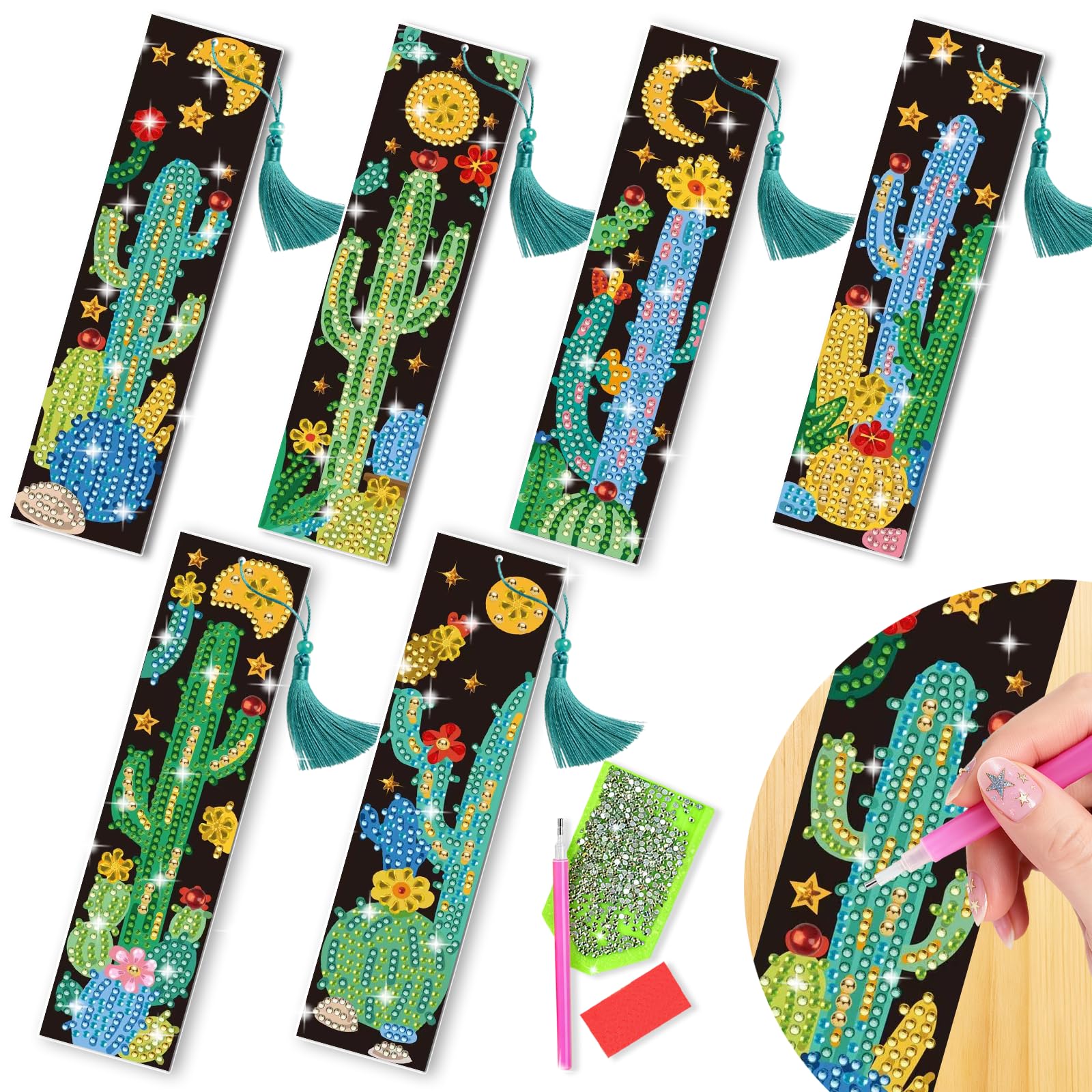 benikmake 6pcs Cactus Diamond Reading Bookmark Diamond Painting Bookmark Kits for Adult Night Scene 5D Gem Art Marks for Book Lovers 1.96x7.87in