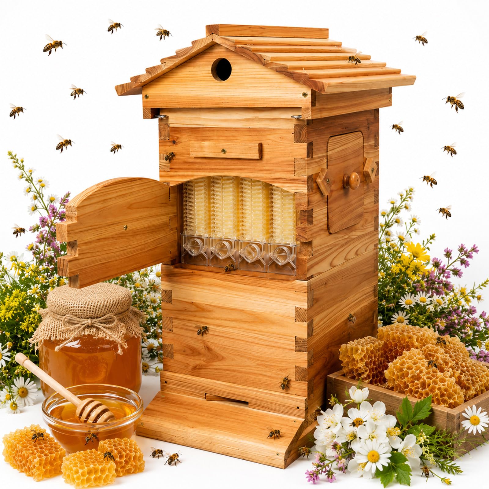 XEEAOFE Beehive Beekeeping Box & Flow Hive Starter Kit, 4 Flow Frames & 6 Brood Frames, Observation Window, Honey Tap, for Gardens & Backyard Pollinators