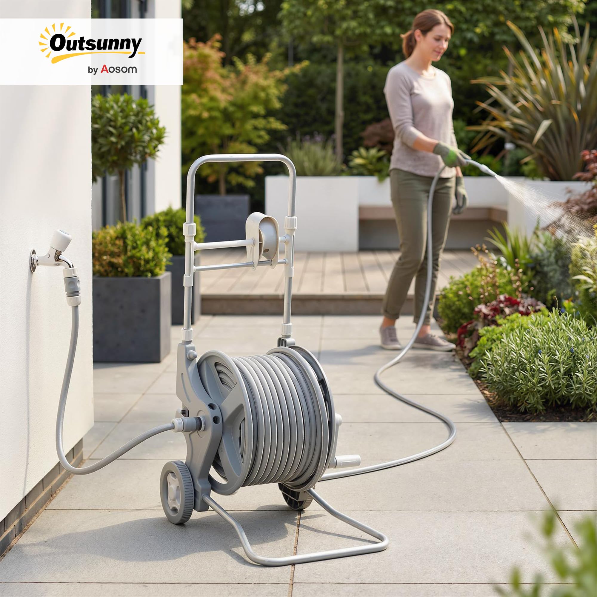 Outsunny Carrello Avvolgitubo Giardino Ruote 1/2" x 45m Grigio