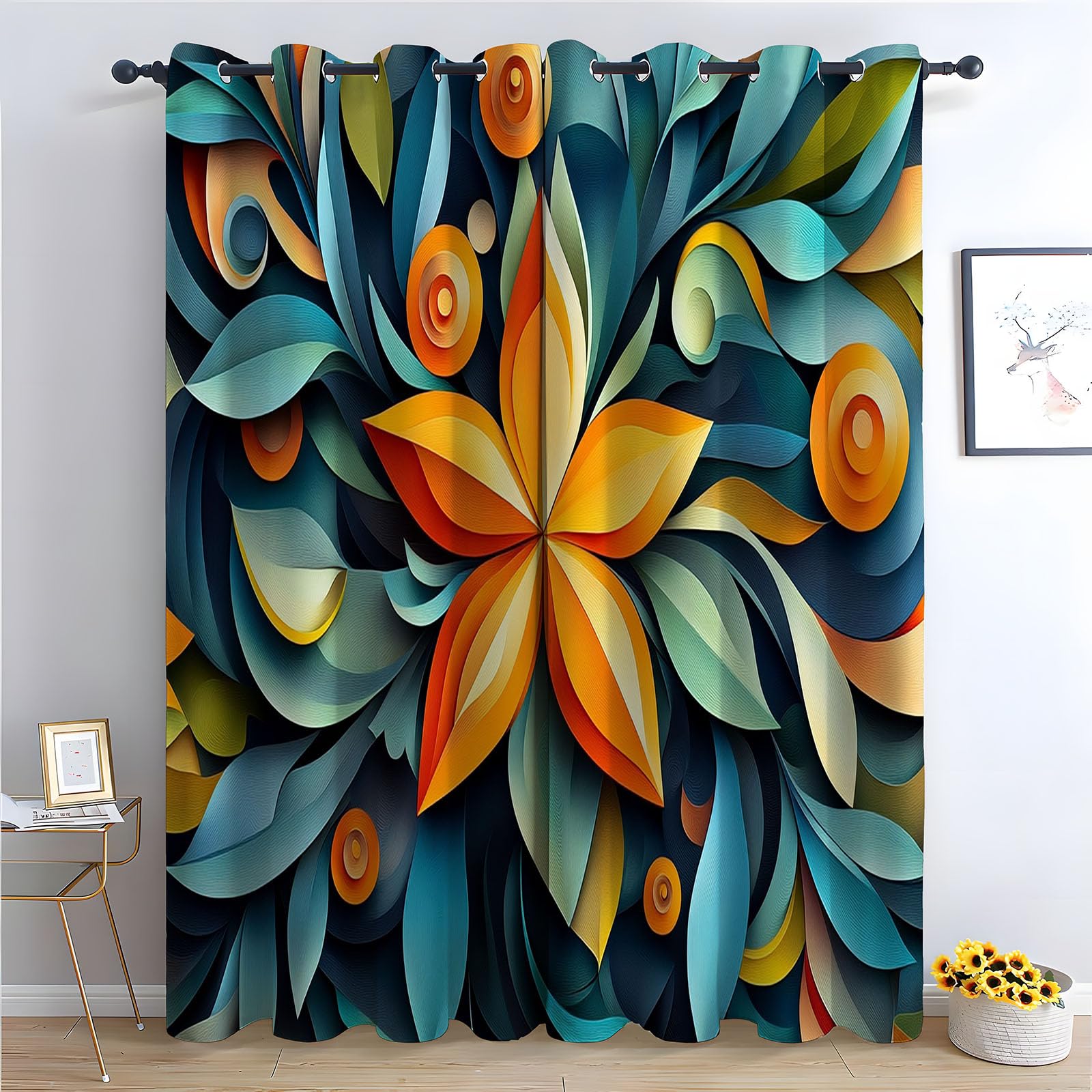 TERUEA Painting Printed Window Decor for Bedroom Living Room Drape Cut orange flower teal leaf Cute Cartoon Curtains-52 W x 84" L (Pack of 2)