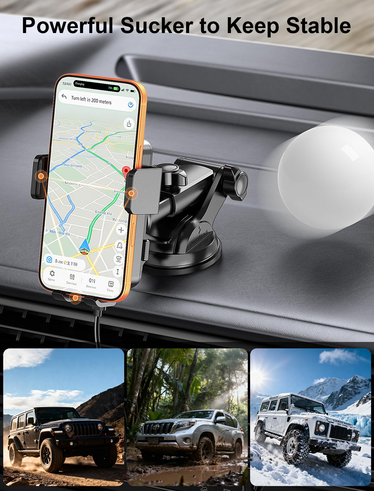 MOKPR Handyhalterung Auto mit Ladefunktion, 15W Induktive Ladestation Auto Entlüftung Armaturenbrett Windschutzscheibe für iPhone 16/15/14/13/12 Serie&Samsung S24/23/22 LG mit LED-Licht (Schwarz)
