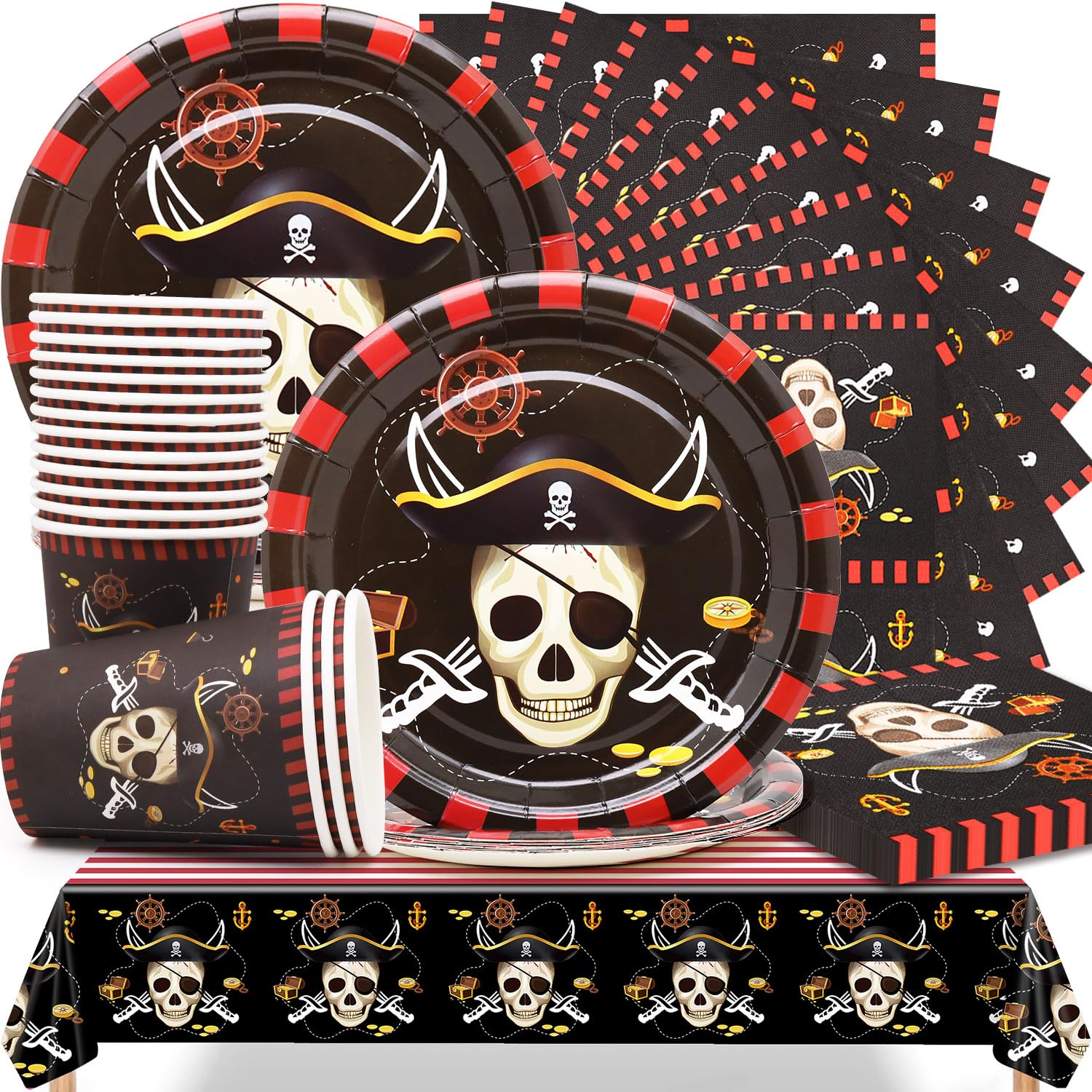 Set 52 Pezzi Per Festa A Tema Pirata – Piatti, Bicchieri, Tovaglia, Striscione, Cannucce