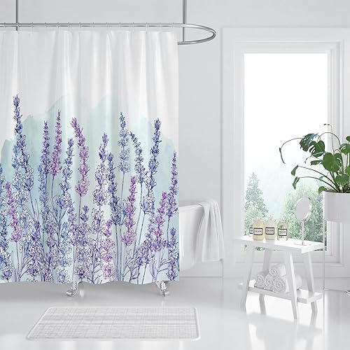 Hipposama Cortina de ducha de lavanda, juego de cortina de ducha floral lavanda morada, cortinas de ducha de hojas y flores para baño, tela