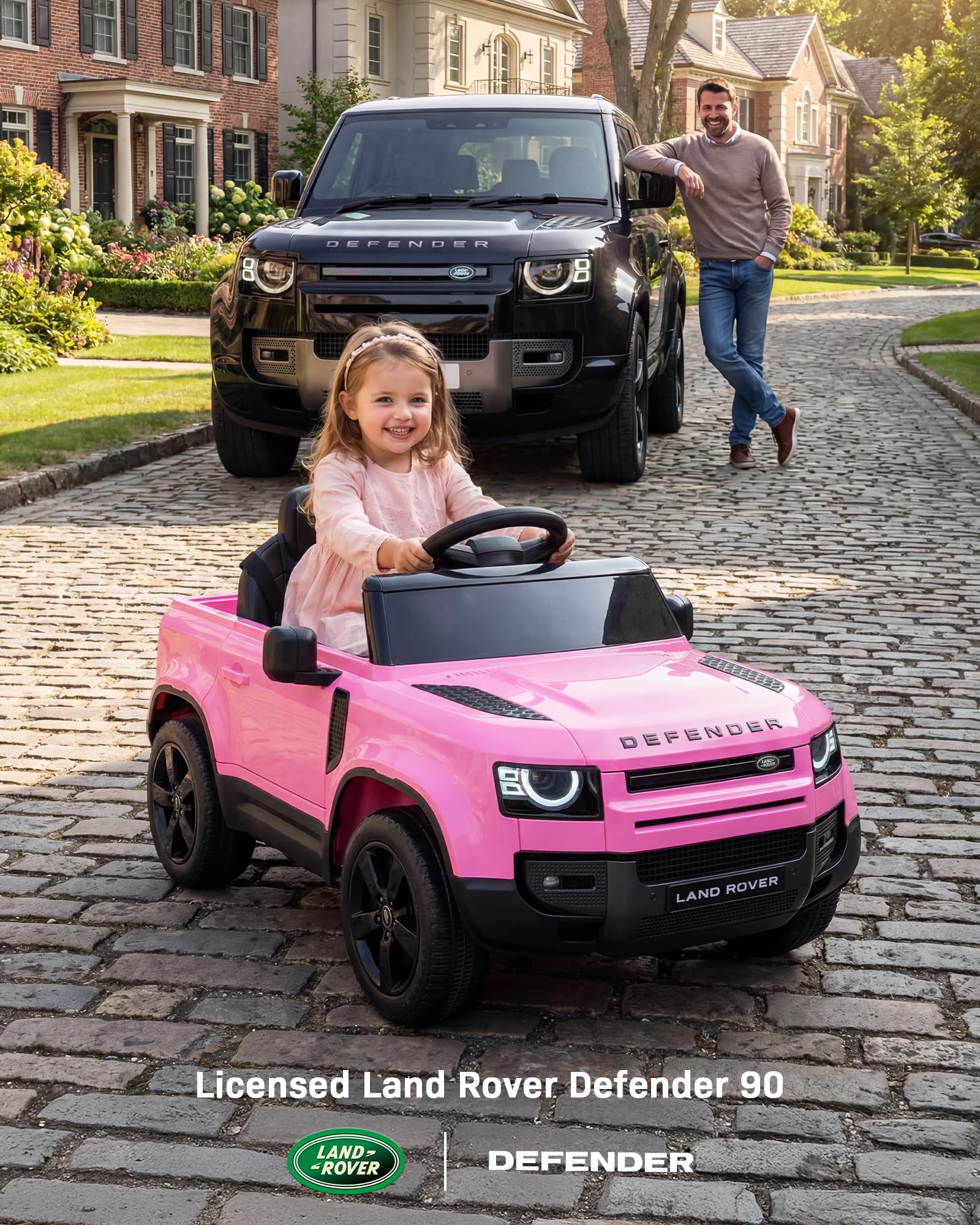 Auto elettrica da 12 V per bambini, con licenza Land Rover, con telecomando per genitore, soft start, 3 velocità, assorbimento degli urti, luci LED e musica, giocattolo elettrico per bambini, rosa
