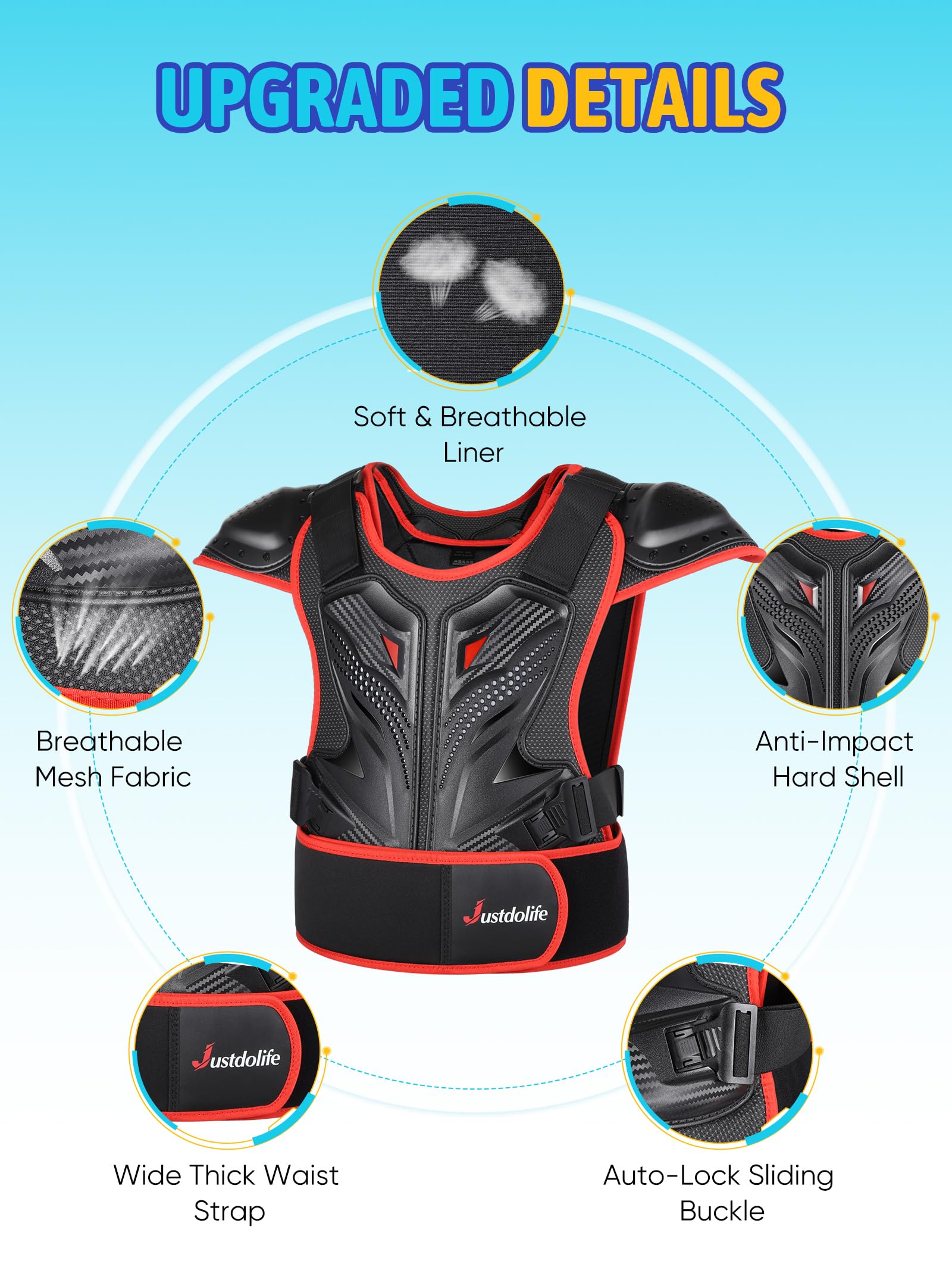 JUSTDOLIFE Equipo De Protección De Moto para Niño, 5 Piezas 2024 Nuevo Modelo Rodillera Transpirable Creativo Equipo Moto Cross Niño para Todo Terreno Ciclismo Esquí Patinaje