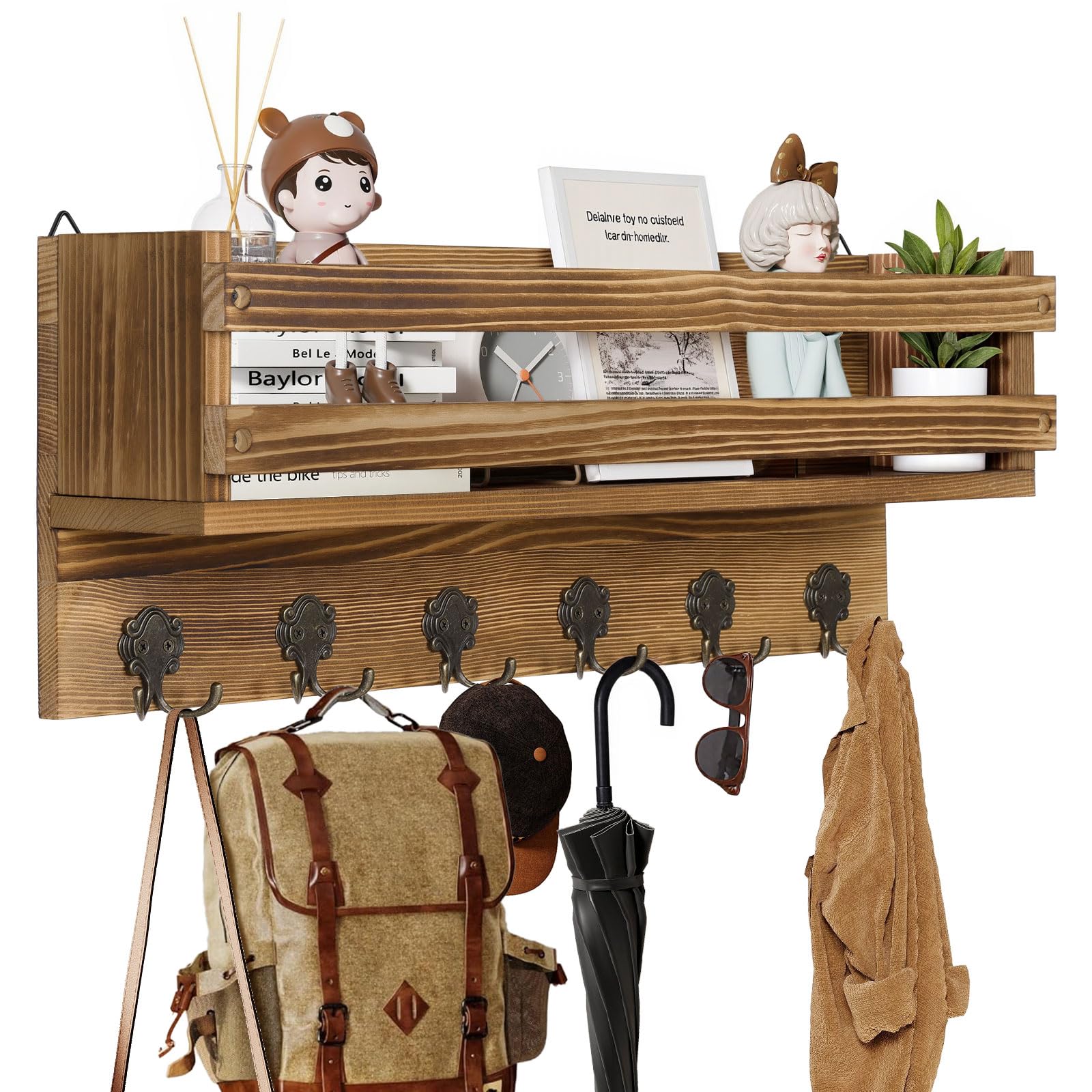 Bekrvio Appendiabiti da parete con ripiano, in legno rustico, con 8 ganci appendiabiti, in stile rustico (90 cm
