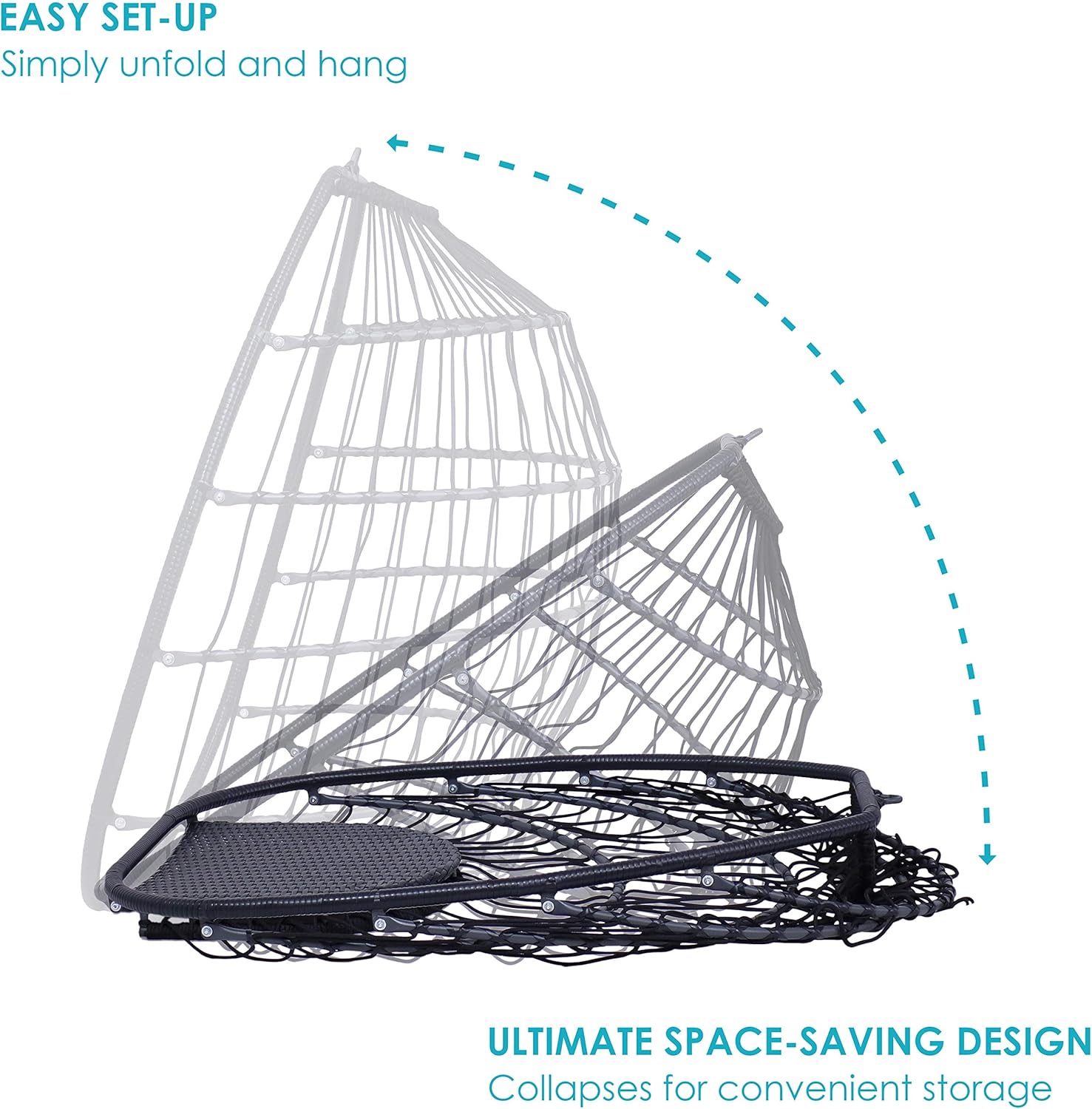 Sunnydaze Oliver Hanging Egg Chair with Seat Cushions - Black Resin Wicker Frame with Gray Polyester Cushions - 48-Inch