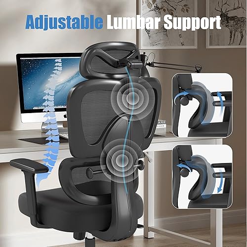 Miniatura 4 de Silla de oficina ergonómica con soporte lumbar ajustable, brazos y reposacabezas 3D, respaldo alto, silla de computadora de escritorio ancha con