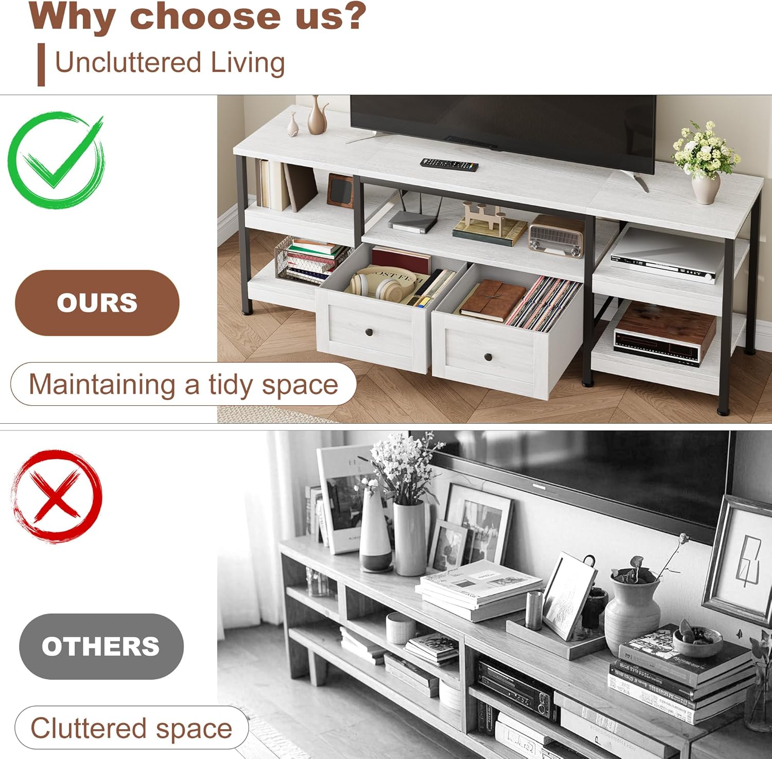 GarveeHome Rustic 71 in TV Stand for TVs Up to 75", Industrial Media Console with 2 Drawers and Open Storage Shelves, Sturdy Metal Frame Entertainment Center, White