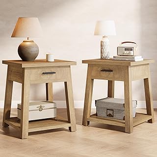 Tribesigns Side Table Set of 2, Wooden End Table with Drawer Storage, Rustic Nightstands for Bedroom, Living Room, Office and Small Spaces