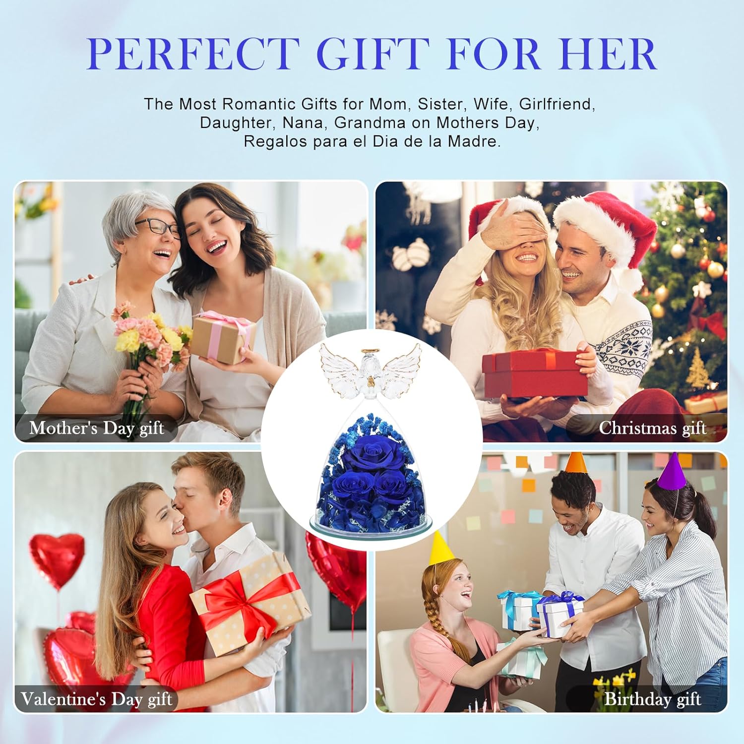 Valentines Day Gifts for Her Preserved Flower Rose Gifts for Women, Forever Eternal Fresh Flowers in Glass Angel Figurines Flowers for Delivery for Grandma Mom Sister Her Wife on Mothers Day Birthday - Image 6