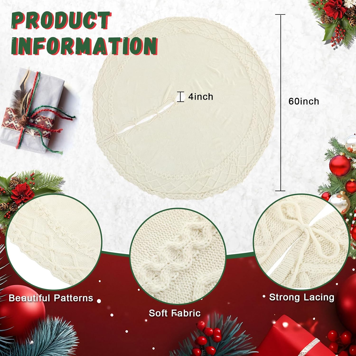 60 Inches Extra Large White Knit Christmas Tree Skirt Ivory Knitted Thick Rustic Christmas Tree Skirt Mat for Boho Xmas Decor Neutral Ornaments Xmas Party Decorations Holiday Winter Home
