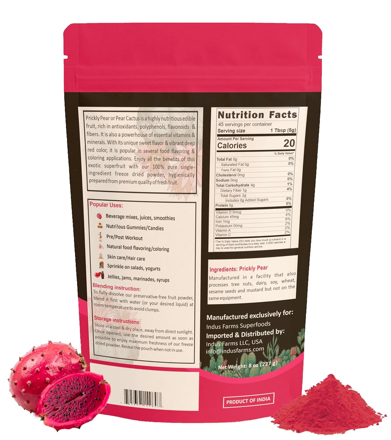 Indus Farms Superfoods Prickly Pear Freeze Dried Powder | 100% Pure Cactus Fruit Powder | Vibrant Natural Color for Smoothies, Drinks, Baking & Recipes | GMO-Free, Additive-Free (8 oz)