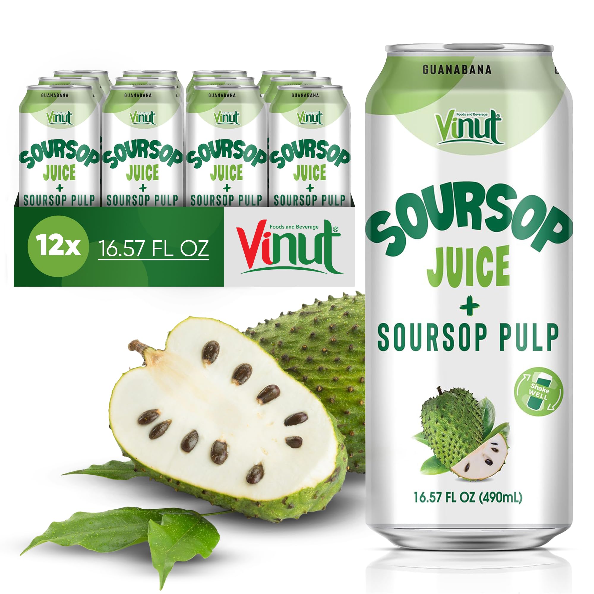 Vinut 100% Soursop Juice With Pulp (16.57 fl oz, Pack 12), No Sugar Added, Real Guanabana Soursop Graviola Drink, Fresh, Natural, Not from Concentrate (NFC)