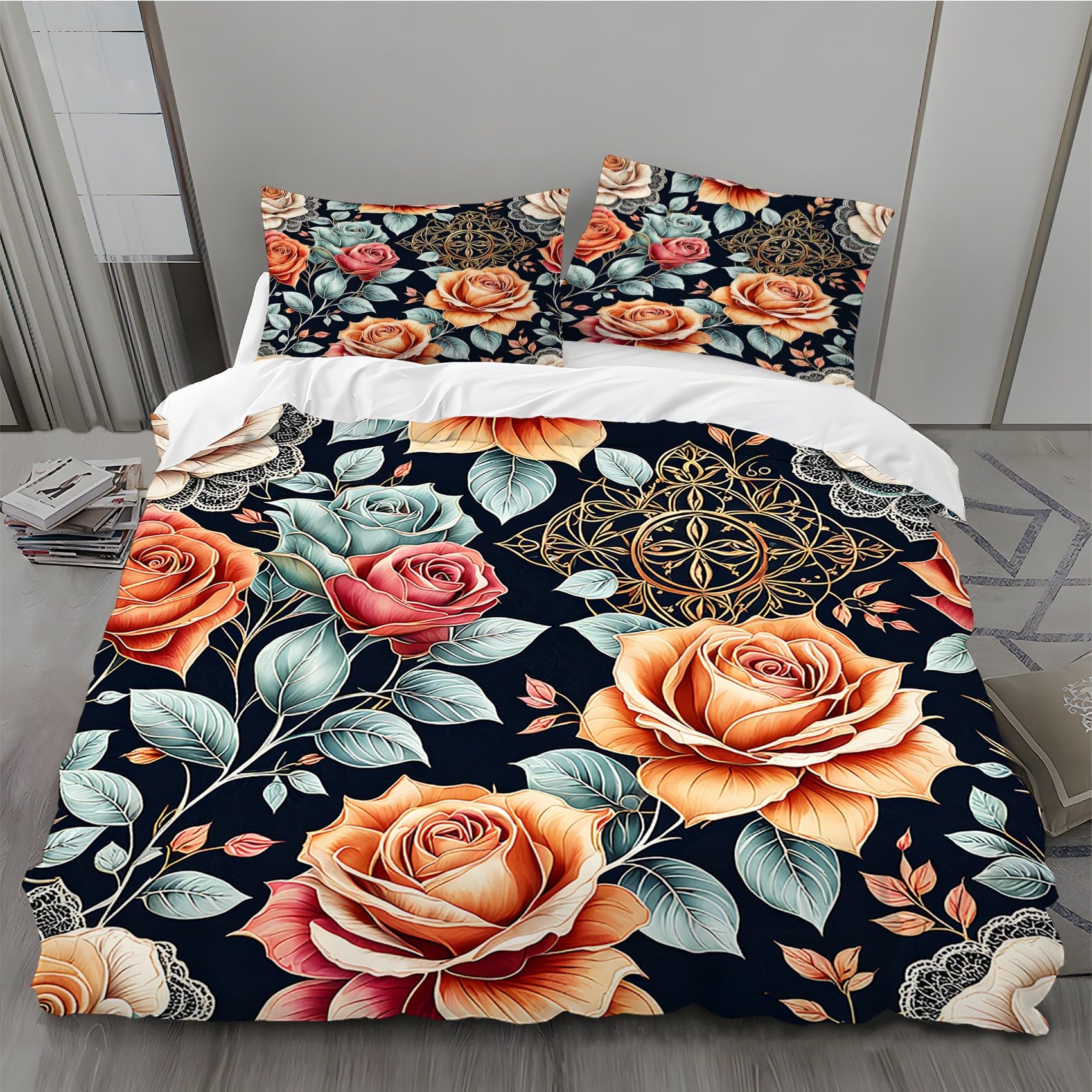 Housse de couette 200x200 fleurs anti-glissement grâce au zip de fermeture pratique