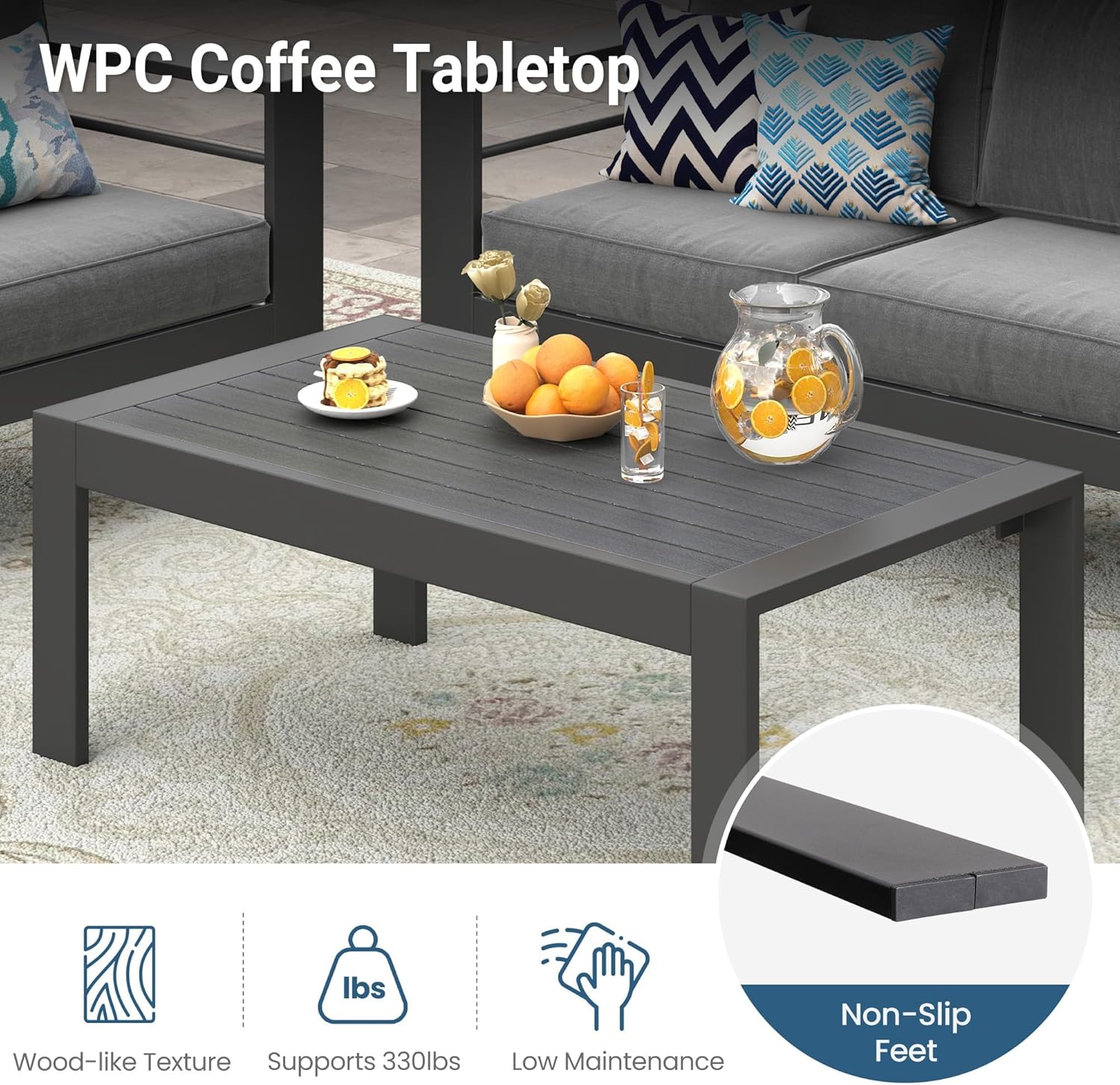 Modern Aluminum Outdoor Coffee Table, All-Weather Metal Rectangle Table for Patio, Balcony or Garden, Dark Grey