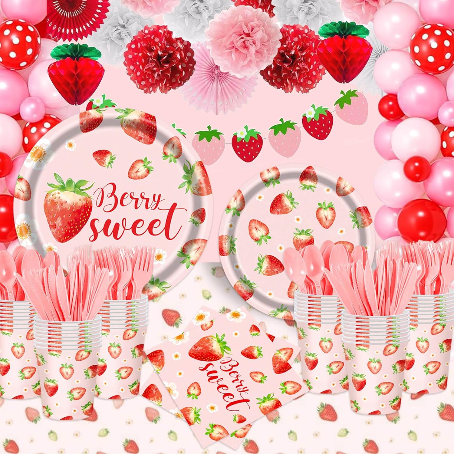 Strawberry Plates and Napkins Tableware Set - 175 Pcs Strawberry Baby Shower Party Birthday Supplies, Strawberry Shortcake Birthday Decorations for Berry Sweet Baby Shower (25 Guest) - Image 2