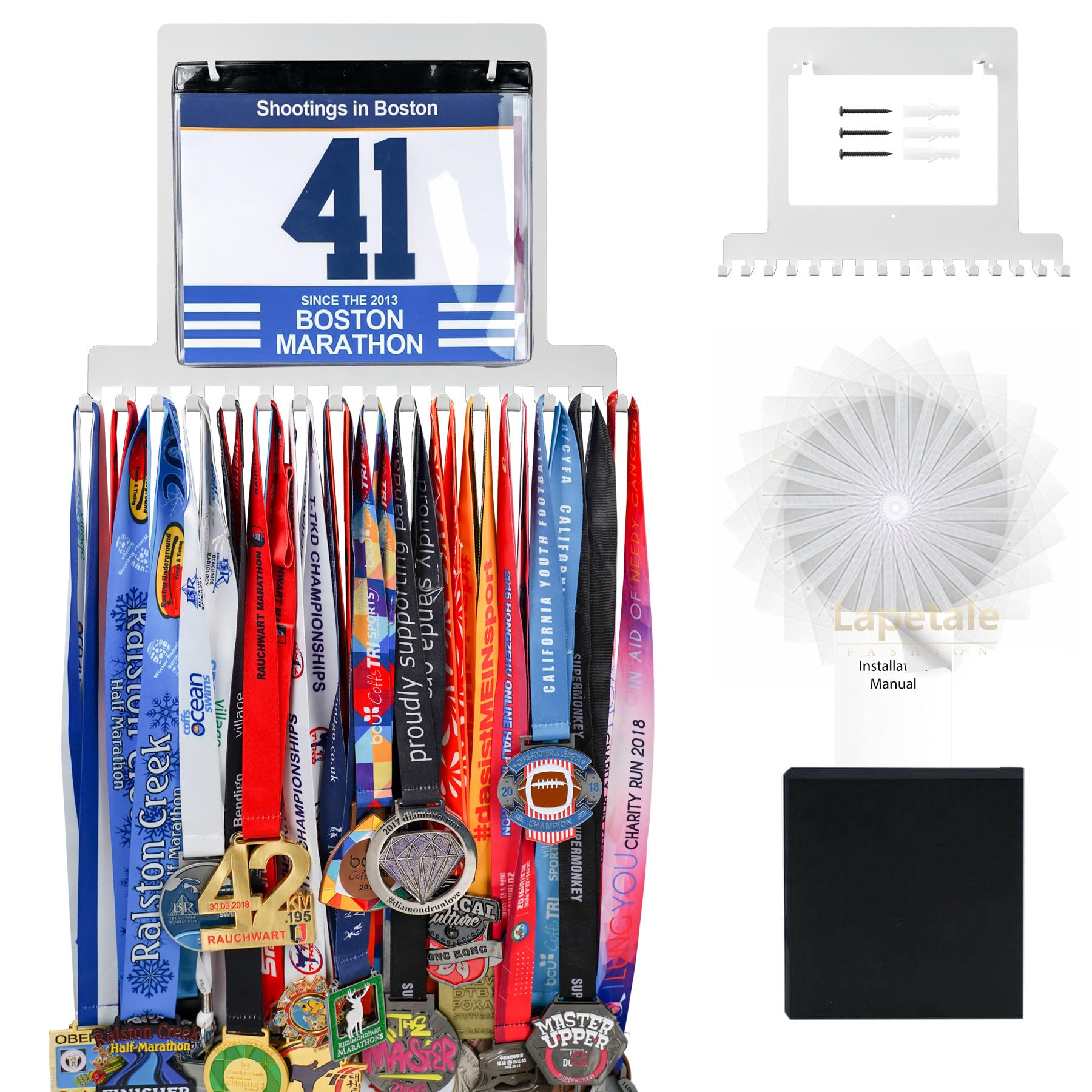 BIB White Medal Hanger Holder Display Wall Rack Frame Shelf in 14" long-Medal Hanger Awards Ribbon Cheer,gymnastics,soccer,softball Holder Display Custom Rack for Sports Medals Easy to Install
