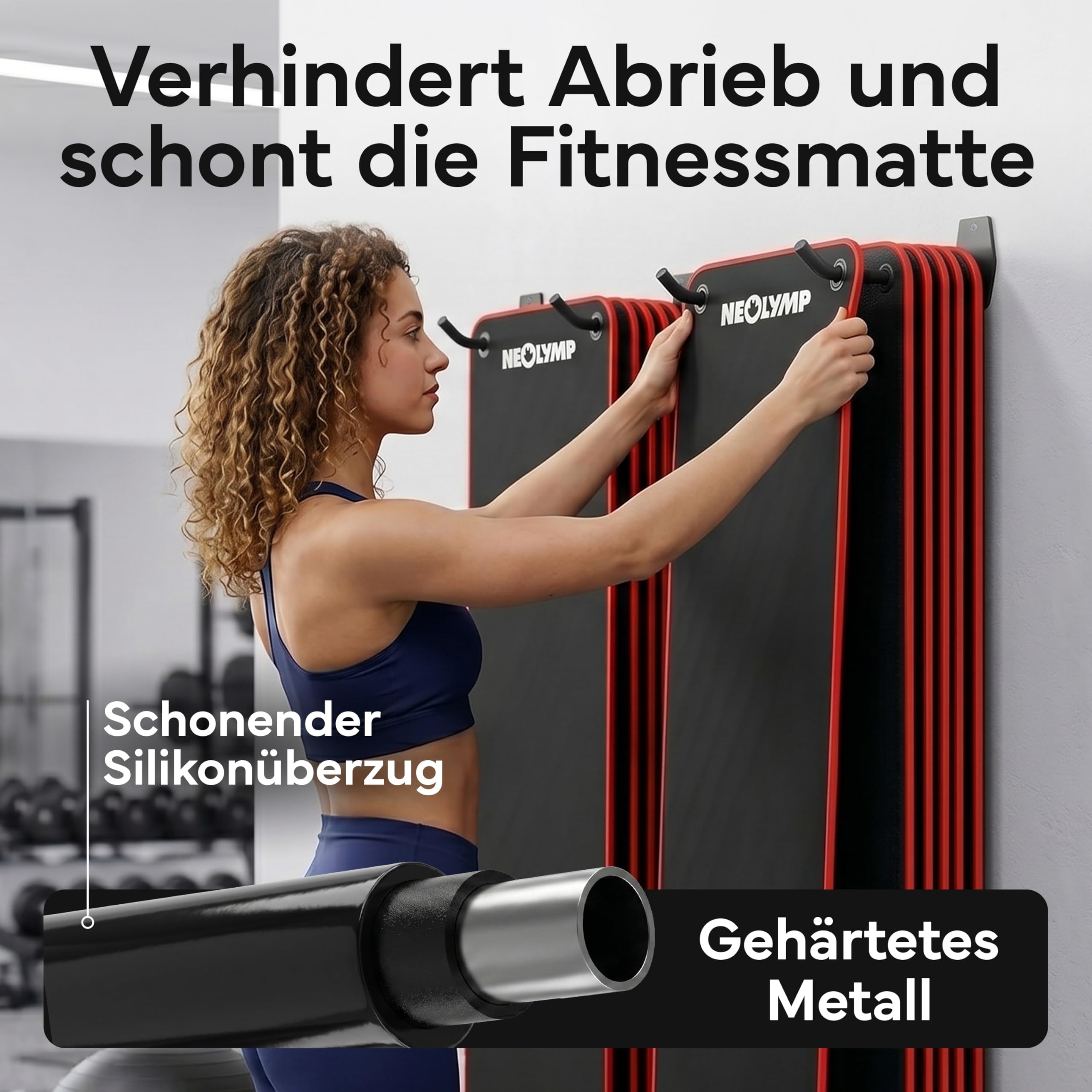 NEOLYMP Wandhalterung für Fitnessmatten mit Ösen 2er Set - Platzsparende Mattenaufhängung - gehärteter Stahl, gummiert inkl. Fischer Dübel - Halterung für Yogamatte, Gymnastikmatte, Sportmatte