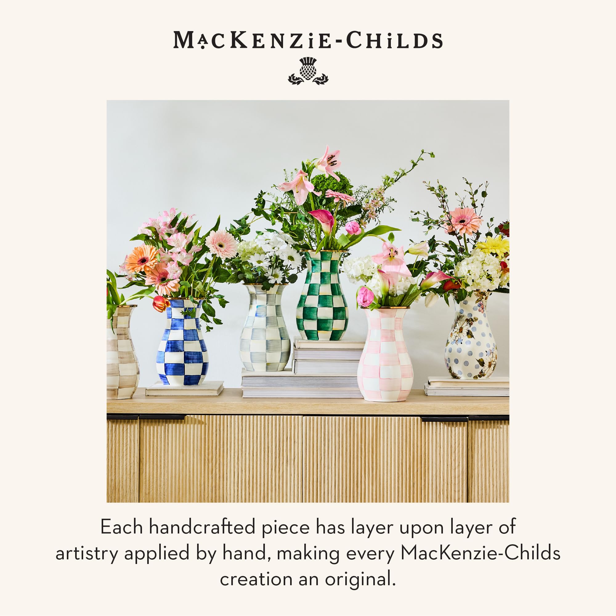 MACKENZIE-CHILDS Enamel Tall Vase Green-and-White Emerald Check | Hand-painted design decorative flower vase and bouquet holder made from enameled steel 6 dia. x 10 H product thumbnail 7