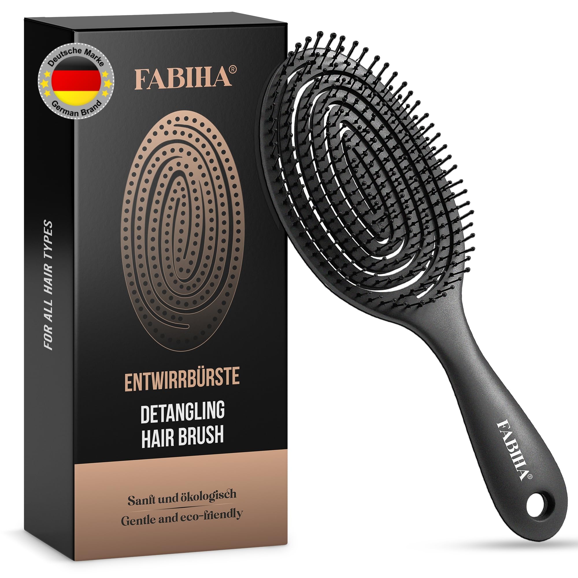 FABIHA® Haarbürste ohne Ziepen - Bio Entwirrbürste für Damen, Herren & Kinder - Profi Detangler-Bürste mit einzigartigem Design und reduzierter Frizz-Wirkung für jeden Haartyp (Schwarz)