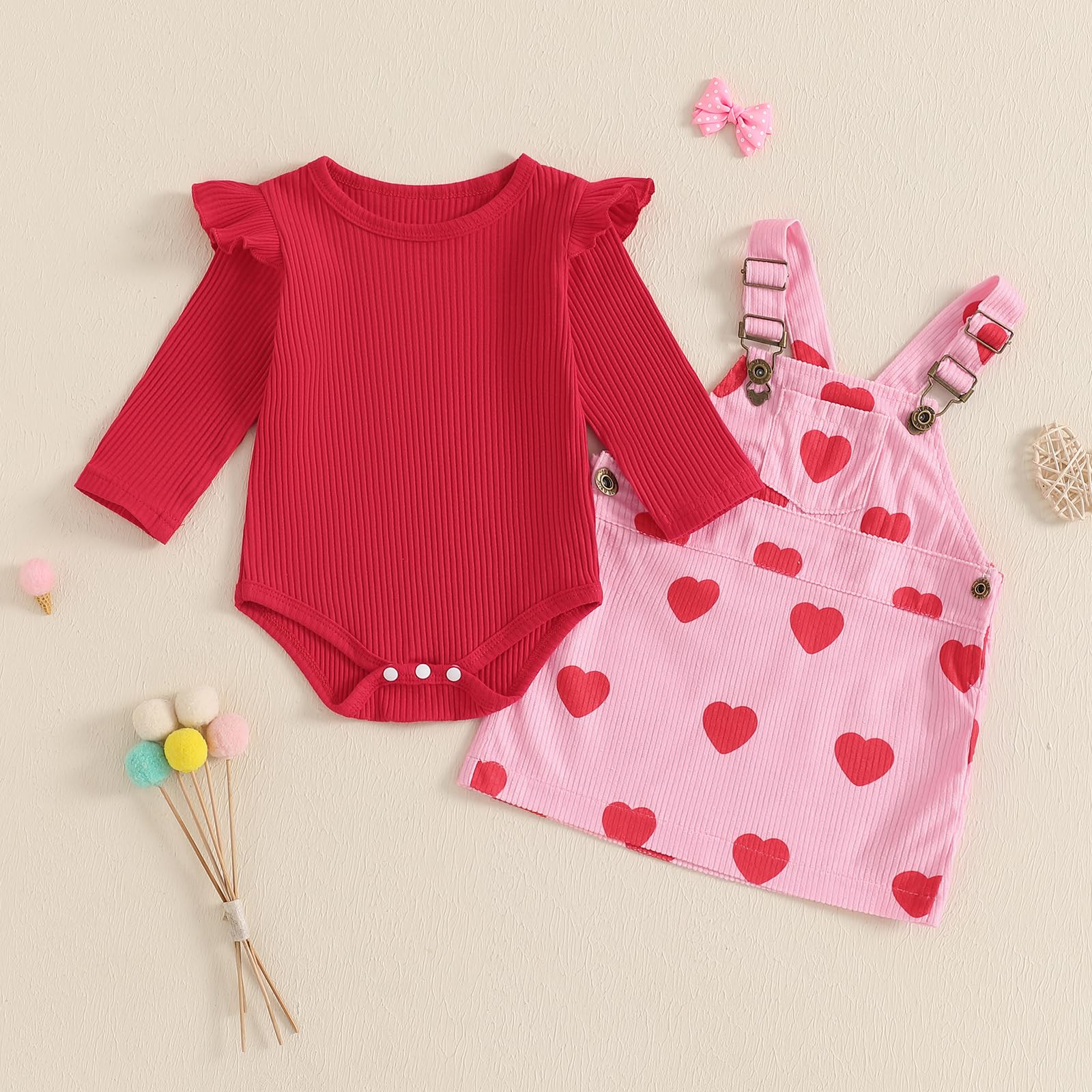 Karuedoo Newborn Baby Girl Valentines Outfit Ruffle Long Sleeve Romper Corduroy Suspender Skirt Overall Dress Set(Red,18-24 Months)